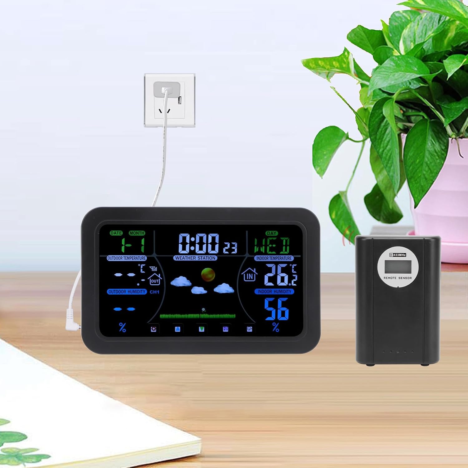 Projection Alarm Clock with Weather Station, 12h 24h Color Display Atomic Clock Indoor Outdoor Thermometer, Weather Forecast Clock with 3 Brightness Levels, 100ft Range