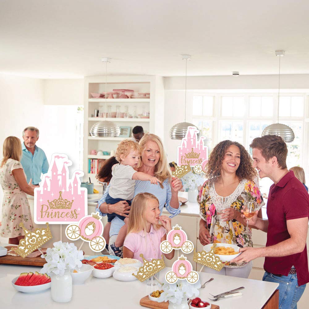 Big Dot of Happiness Mała korona księżniczki – różowe i złote patyczki na baby shower lub przyjęcie urodzinowe – nakładki na stół Showstopper – 35 sztuk