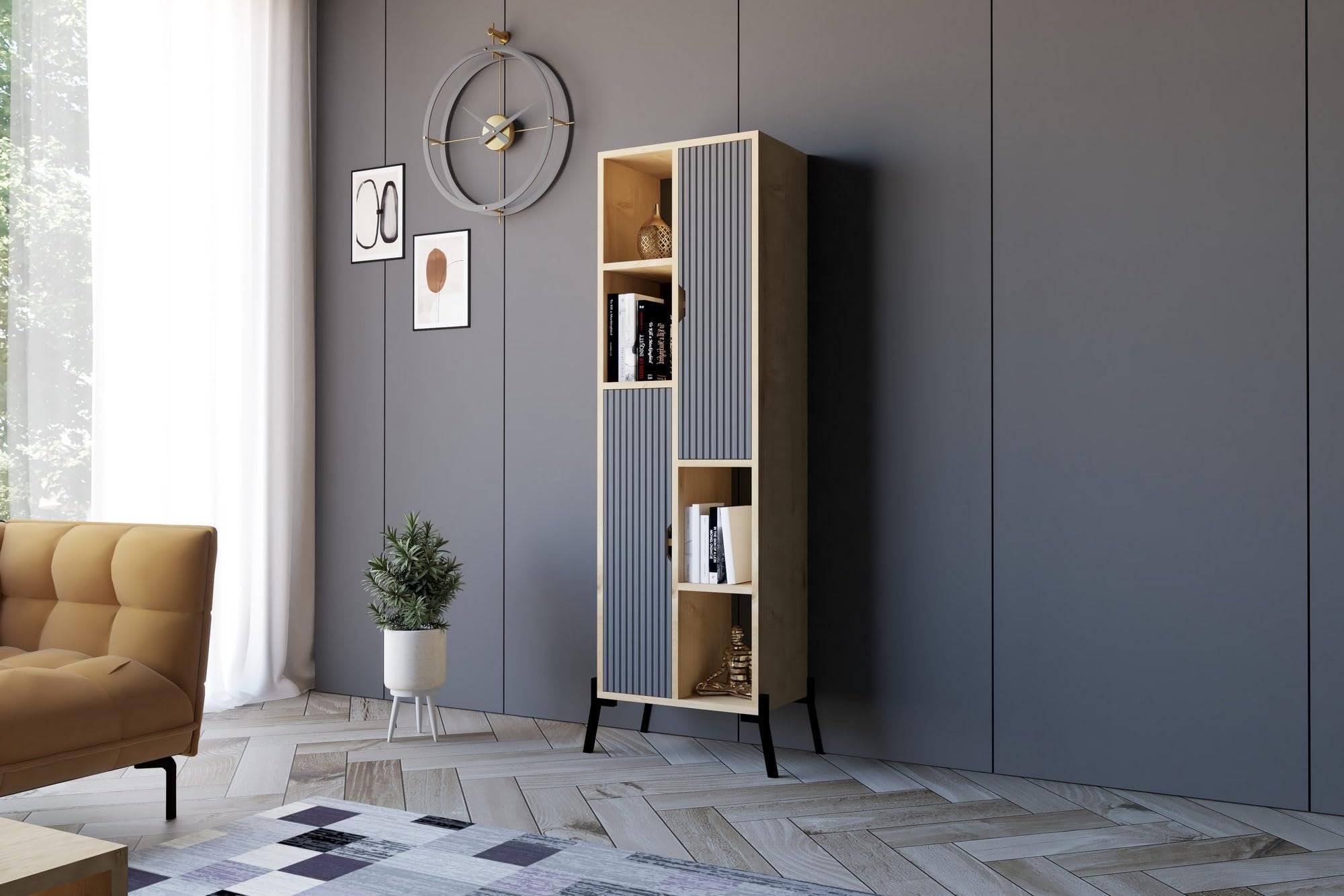 Hanah Home Bookshelf Industrial Bookshelf with Iron Legs, Sapphire Oak & Anthracite, 48,2 x 160 x 30 cm, 100% melamina rivestita, spessore 18 mm, elegante soluzione di storage per spazi moderni