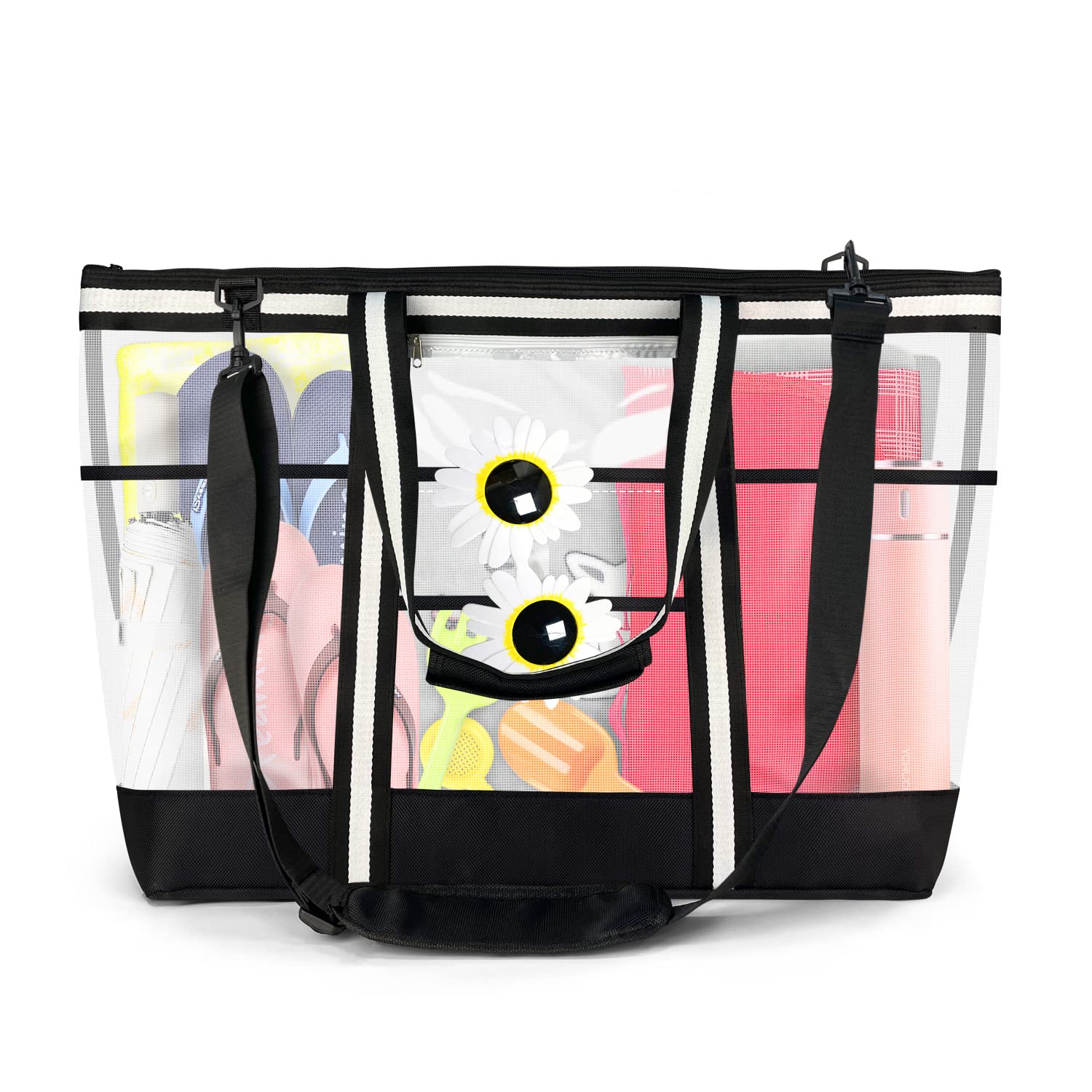 XIAPAI Bolsa de Playa, Bolsa Grande de Malla de Playa, Bolsa Tote de Compras Negro Reutilizables con Cremallera Multi Bolsillos, para la Playa, Natacición, Camping, Compras, Vacaciones Familiares