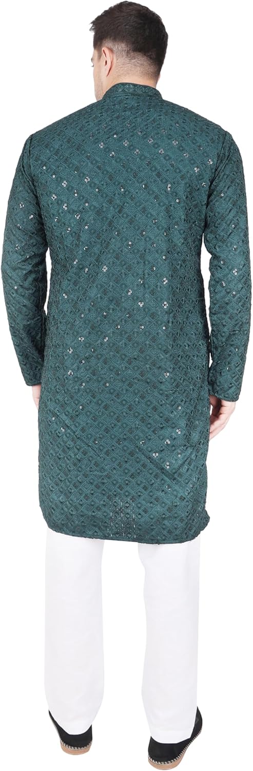 TRILOKI Mens Embroidered Sequined Kurta Pajama Set Rayon Ethnic Indian Traditional Wear - Image 3