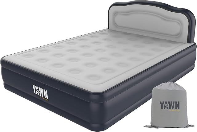 YAWN AIR Bed - Self-inflating Airbed - Great Guest Bed, Camping Mattress - Built-in Pump & Headboard - Grey Fabric Material - Available in UK Single, Double and King - King Size
