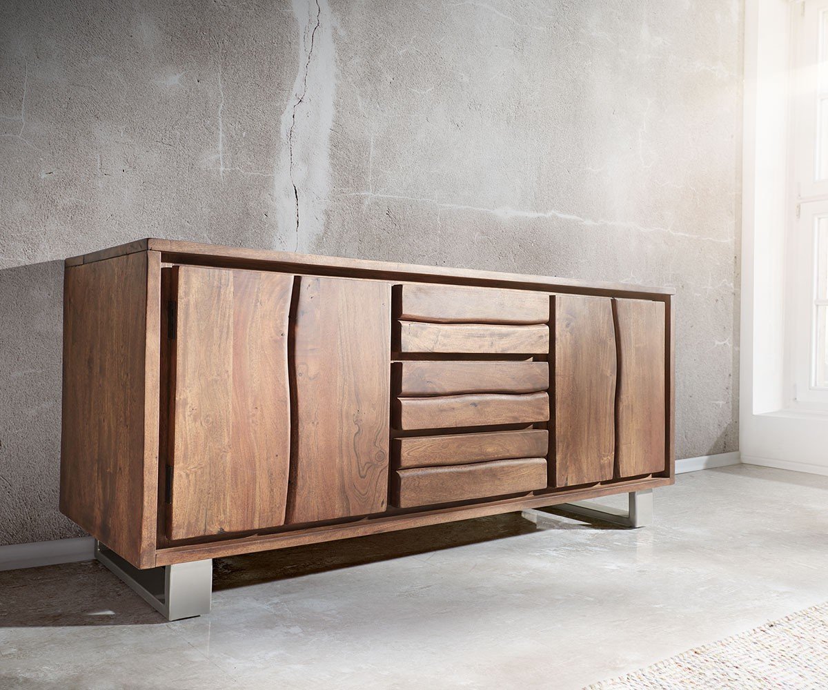 DELIFE Kommode Live-Edge Akazie Braun 172 cm 4 Türen 3 Schübe Baumkante Sideboard 172 x 45 cm Braun / Silber