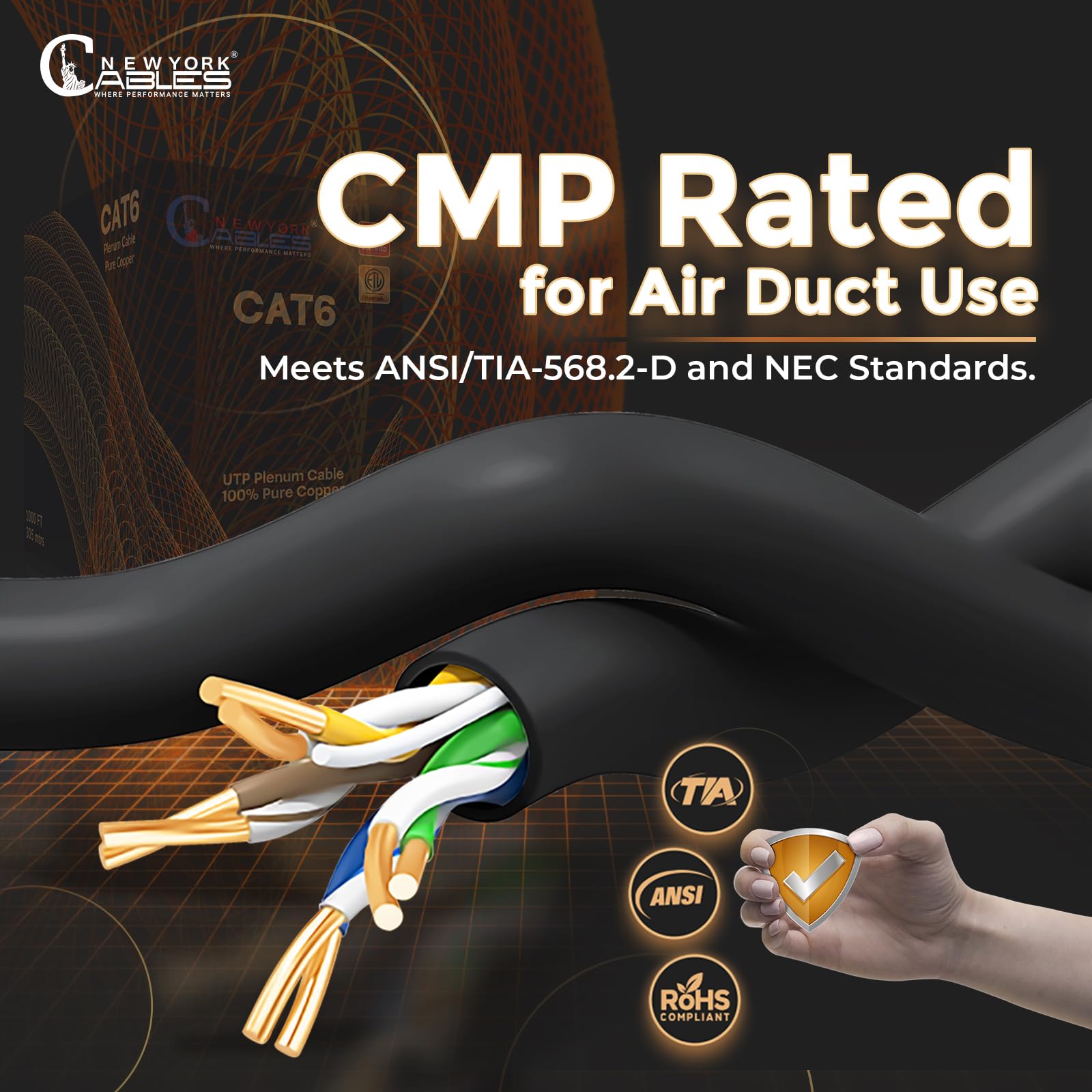 NewYork Cables Cavo Plenum CAT6 da 304,8 m, nero, certificato UL e ETL, 100% rame puro, UTP, 550 MHz, 23AWG, 4 paia da 10 GB, PoE++ | Cavo Ethernet Cat 6 ignifugo certificato Plenum