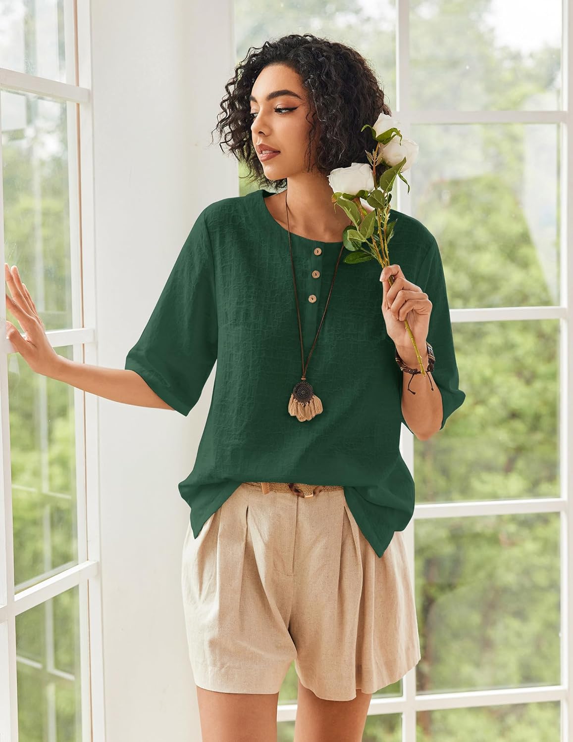 Linen Tops for Women 3/4 Sleeve Crew Neck Cotton Shirts Casual Jacquard Boho Blouse - Image 3