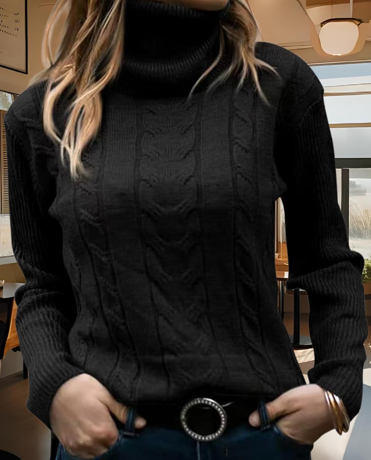 Women's 2025 Turtleneck Sweater Lantern Long Sleeve Cable Knit Pullover Sweaters Jumper - Image 4