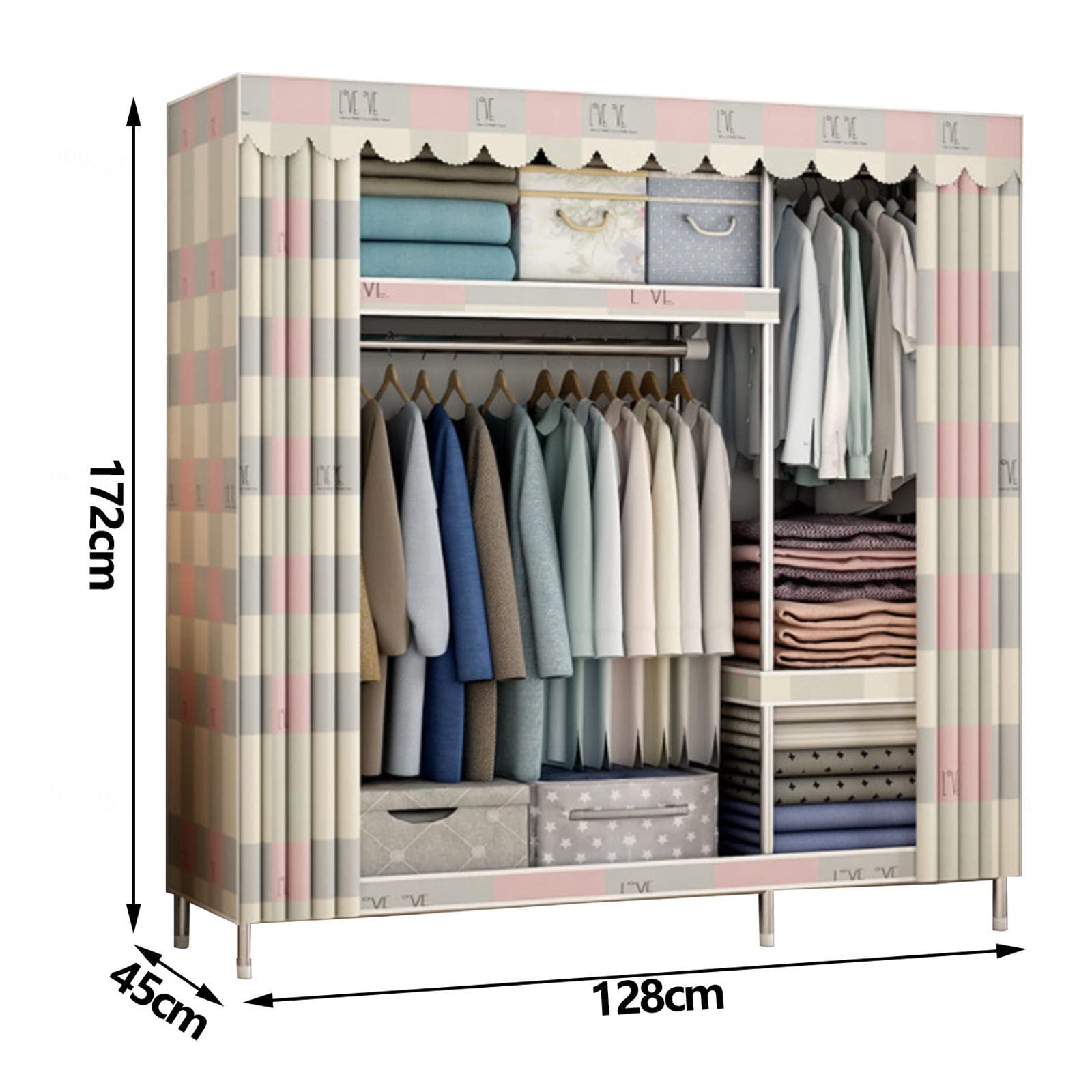 Kleiderschrank, tragbarer Canvas-Kleiderschrank, Schrank-Organizer mit Kleiderstange, Stoff-Kleiderschrank für Schlafzimmer, Wohnzimmer, 128 x 45 x 172 cm