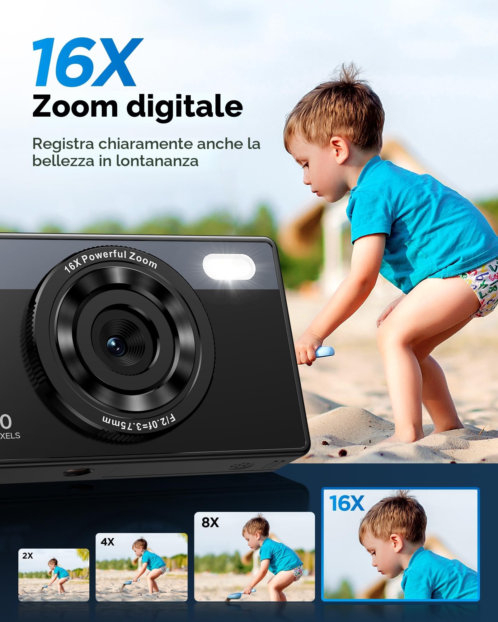Fotocamera Digitale Bambini Compatta 64GB: 48MP Fotografica Anti-Shake Fotocamera Vlogging per YouTube 16X Digital Zoom Photo Filtrazione Ripresa Continuo Automessa a Fuoco Fotocamera