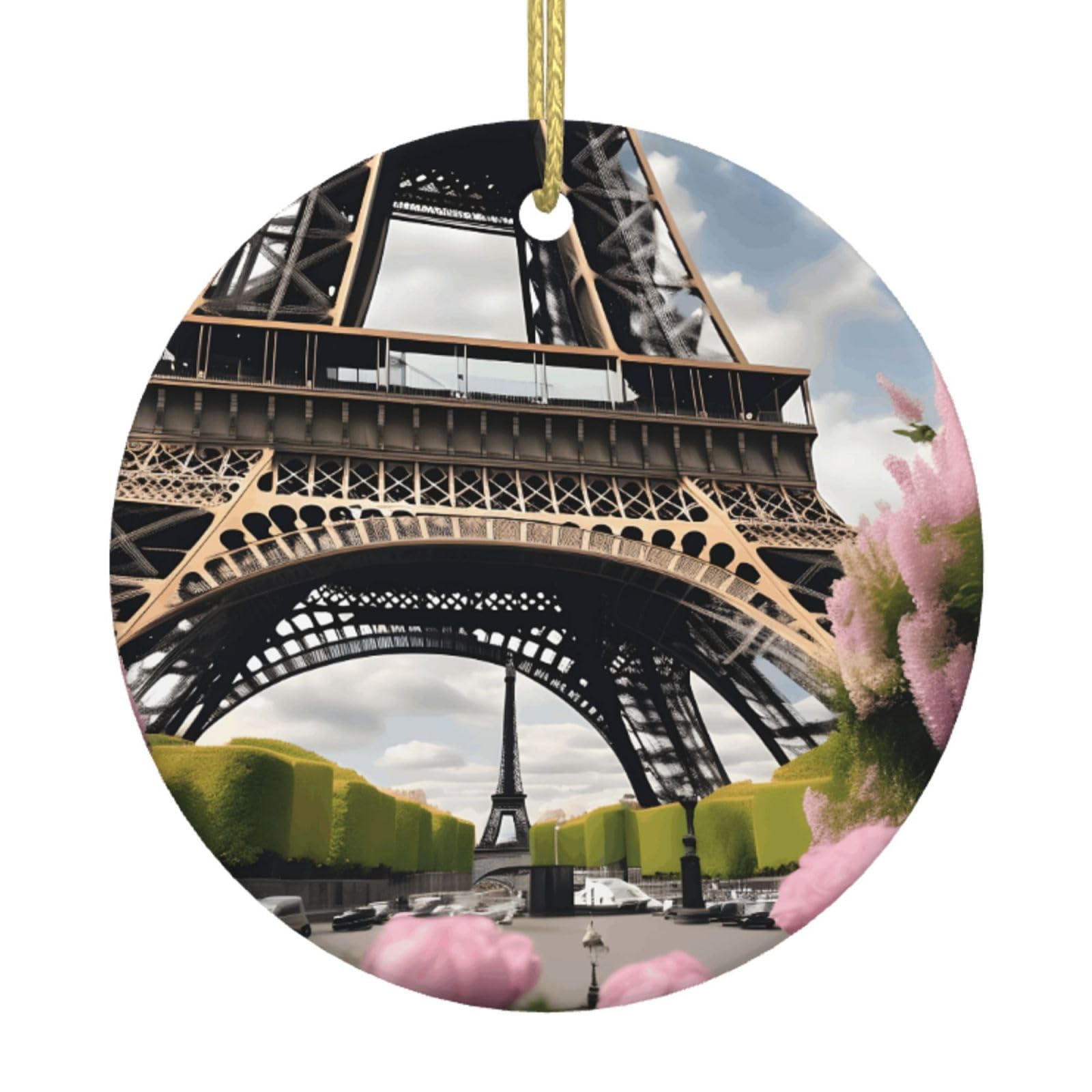 Flower Paris Eiffel Tower Print Christmas Ornaments, Ceramic Hanging Ornament, Round Shape Decorations