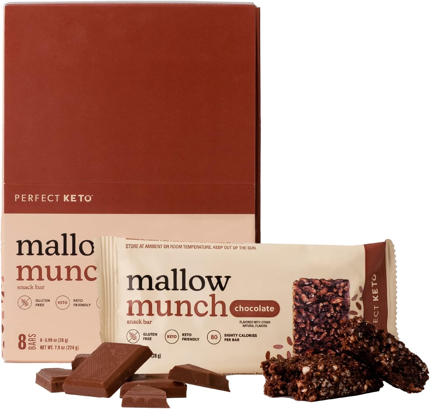 Perfect Keto Mallow Munch, Gluten Free, Cereal Bars, Breakfast Bar, Rice-Free, Low Sugar, Low Carb, Crispy, High Protein Snack, Healthy Snacks, 8g Protein, 2g Net Carbs, Chocolate, 8 Pack