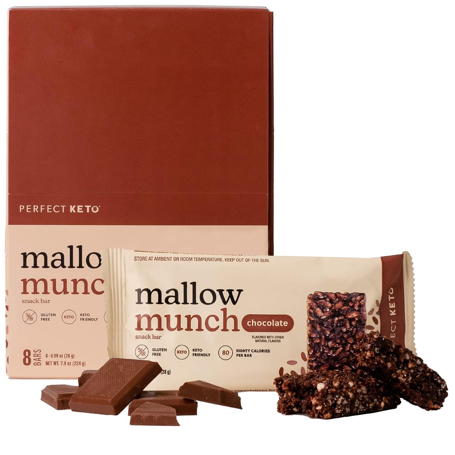 Perfect Keto Mallow Munch, Gluten Free, Cereal Bars, Breakfast Bar, Rice-Free, Low Sugar, Low Carb, Crispy, High Protein Snack, Healthy Snacks, 8g Protein, 2g Net Carbs, Chocolate, 8 Pack