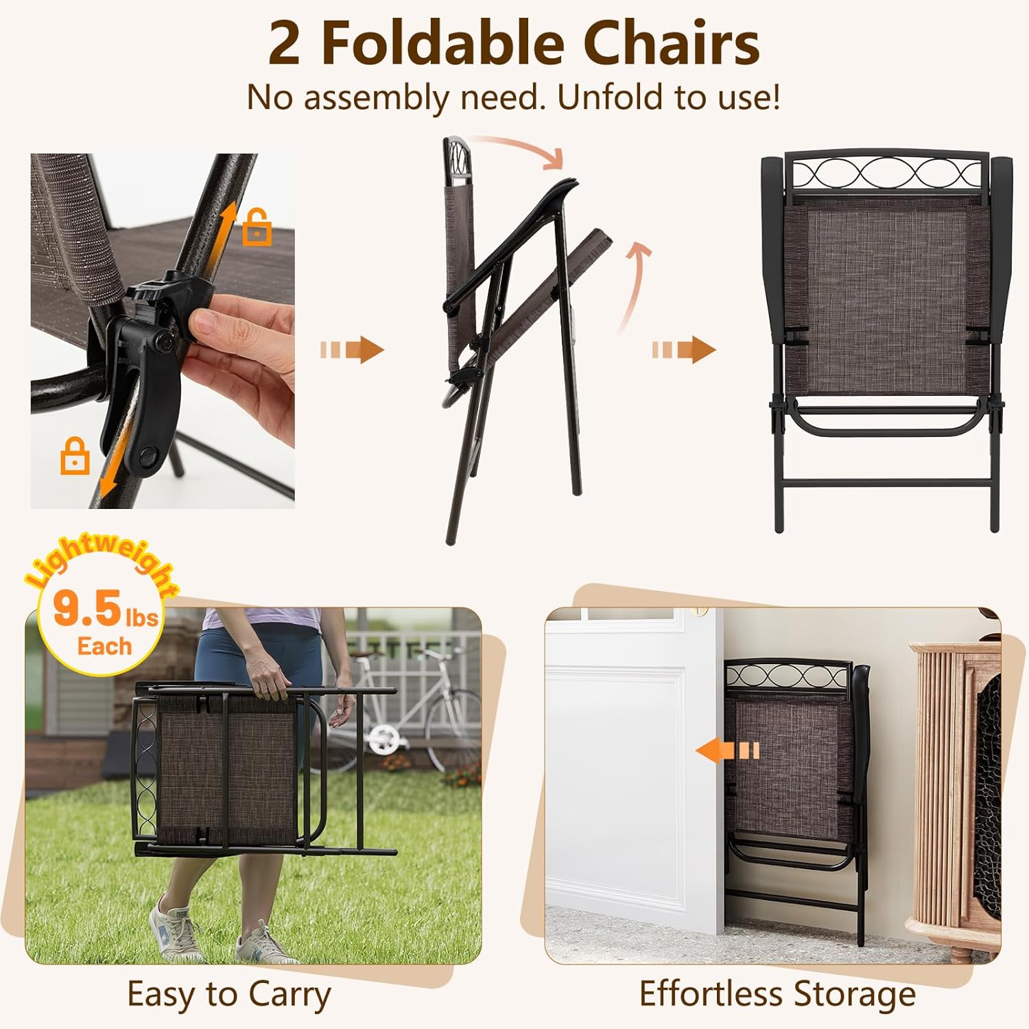 Giantex Patio Dining Set Round Glass Table with 2 Patio Folding Chairs, Outdoor Table and Chairs for Garden, Pool, Backyard, Tempered Glass Tabletop with Umbrella Hole (Brown)