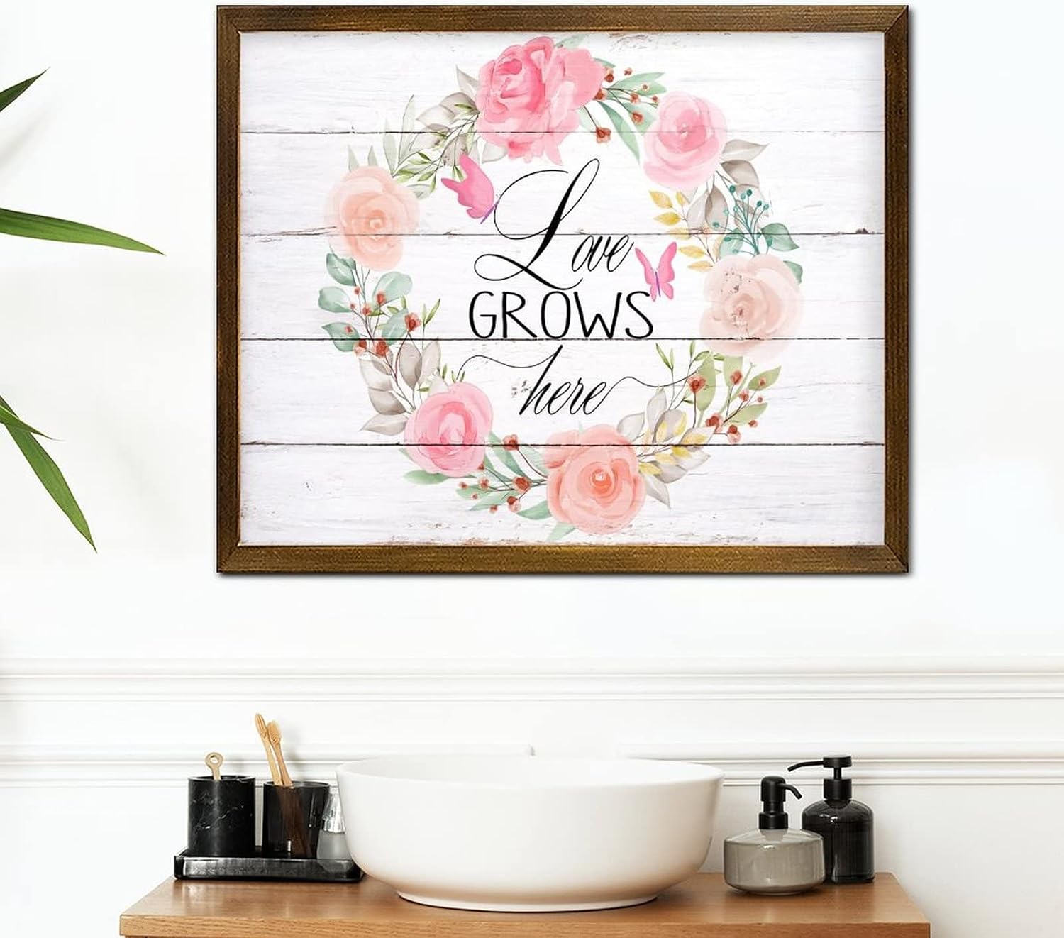 Love Grows Here Wooden Framed Sign Fresh Rose Flower Wreath Wood Panels Rustic Botanical Artwork Hanging Wall Signs Decorative for Home Bathroom Indoor Kitchen Garden 16x20 Inch