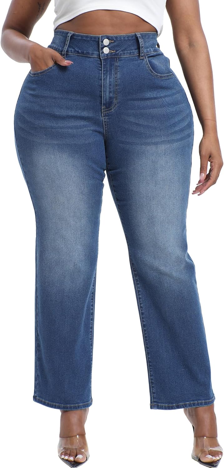 Plus Size Jeans for Curvy Women Straight Leg Stretchy High Waisted Casual Loose Denim Pants with Pockets