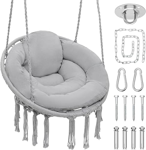 Magshion Hamaca de 2 asientos con 3 cojines, columpio colgante de macramé con borlas, malla de cuerda de algodón estilo bohemio para uso en