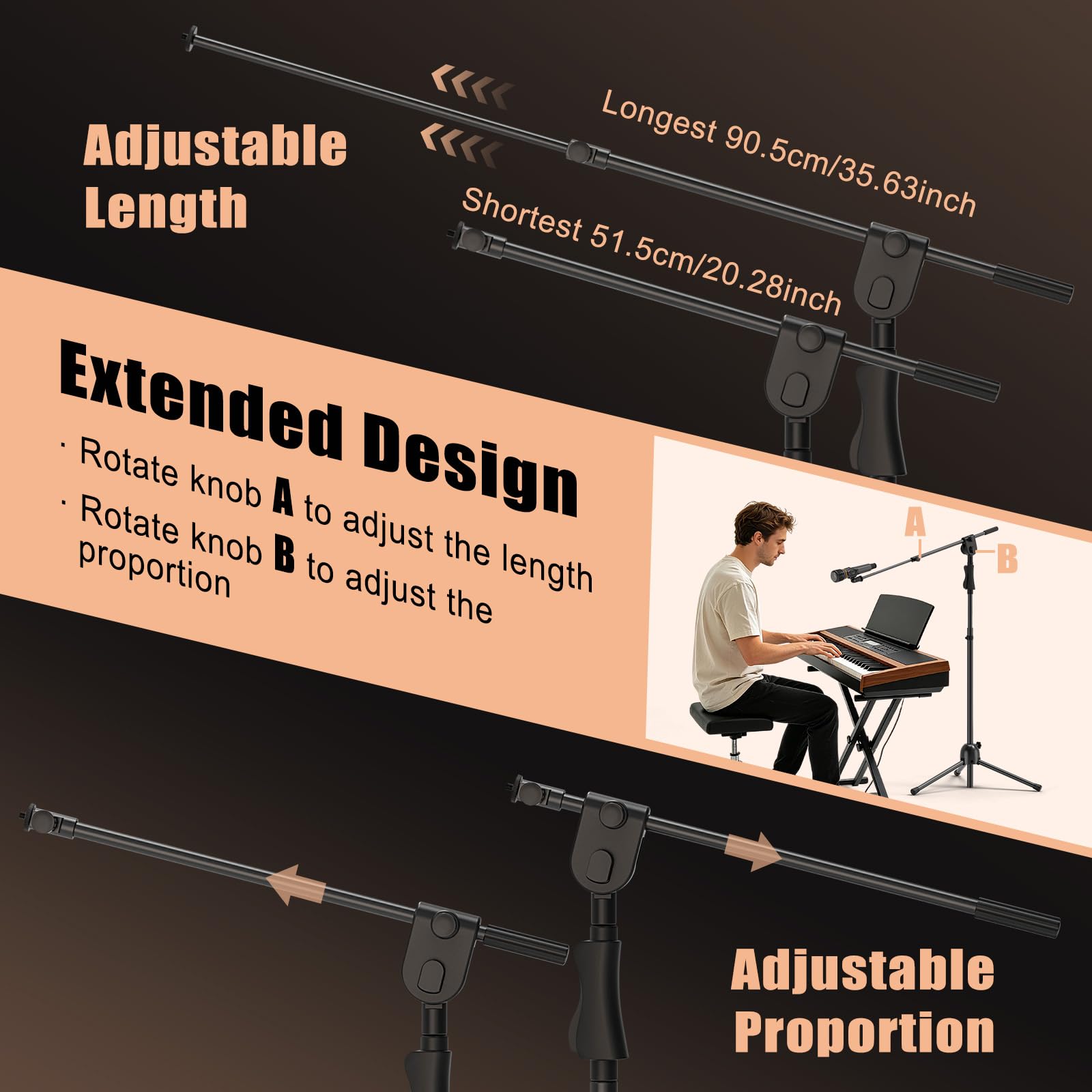 Soporte de Micrófono de Suelo con Trípode y Brazo, Clips y Adaptadores, Ajustable y Resistente para Actuaciones, Canto, Discursos, Bodas, Escenario y Exterior | Soporte de micrófono de suelo, ajuste de altura con un solo toque, para cantar, discurso, boda