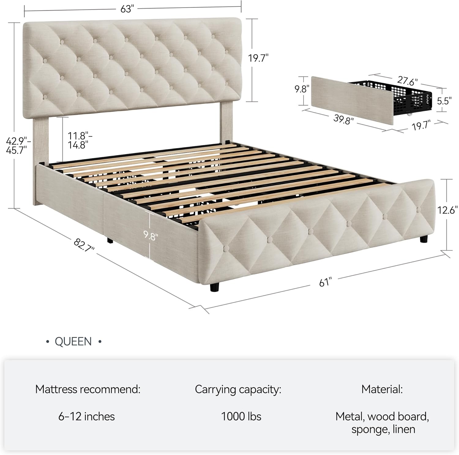 Full Size Bed Frame with 4 Storage Drawers, with Upholstered Platform Bed Frame - Picture 19 of 19