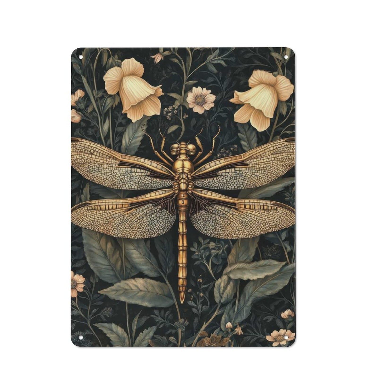 Junmoney Golden Dragonfly In Bloom Rustic Tin Sign 40X30cm Featuring For Living Room Wall, For Metal Sign Collectors, For Garage And Workshop Walls