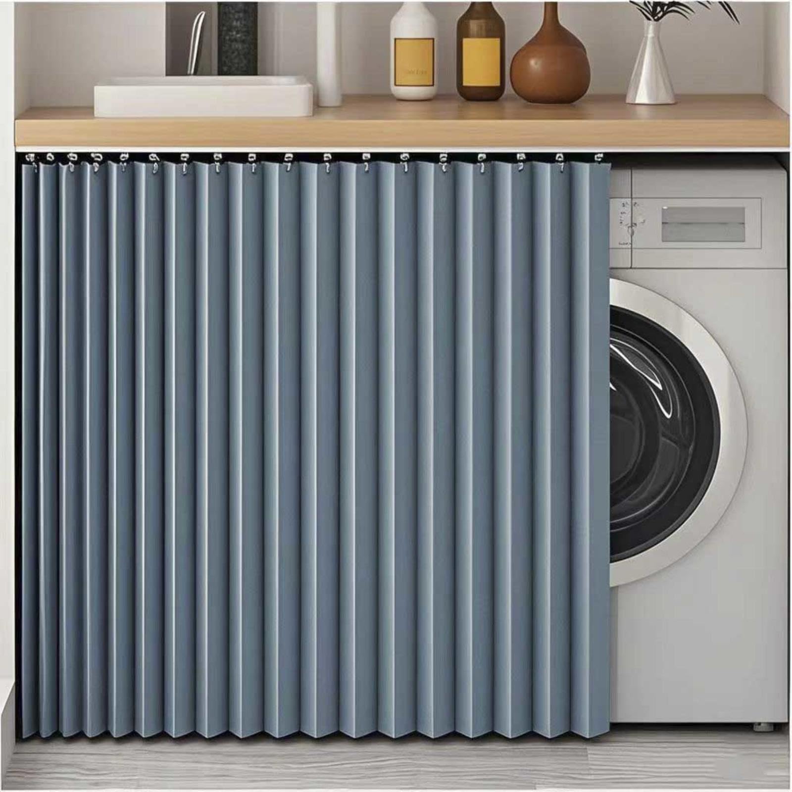 YZBZNG Cabinet Curtain for Kitchen Under Sink,magnetic Accordion Door Curtain,no-drill Self-adhesive Track Short Cabinet Curtains for Under Sink, Pantry,Blue-W160cm/H130cm