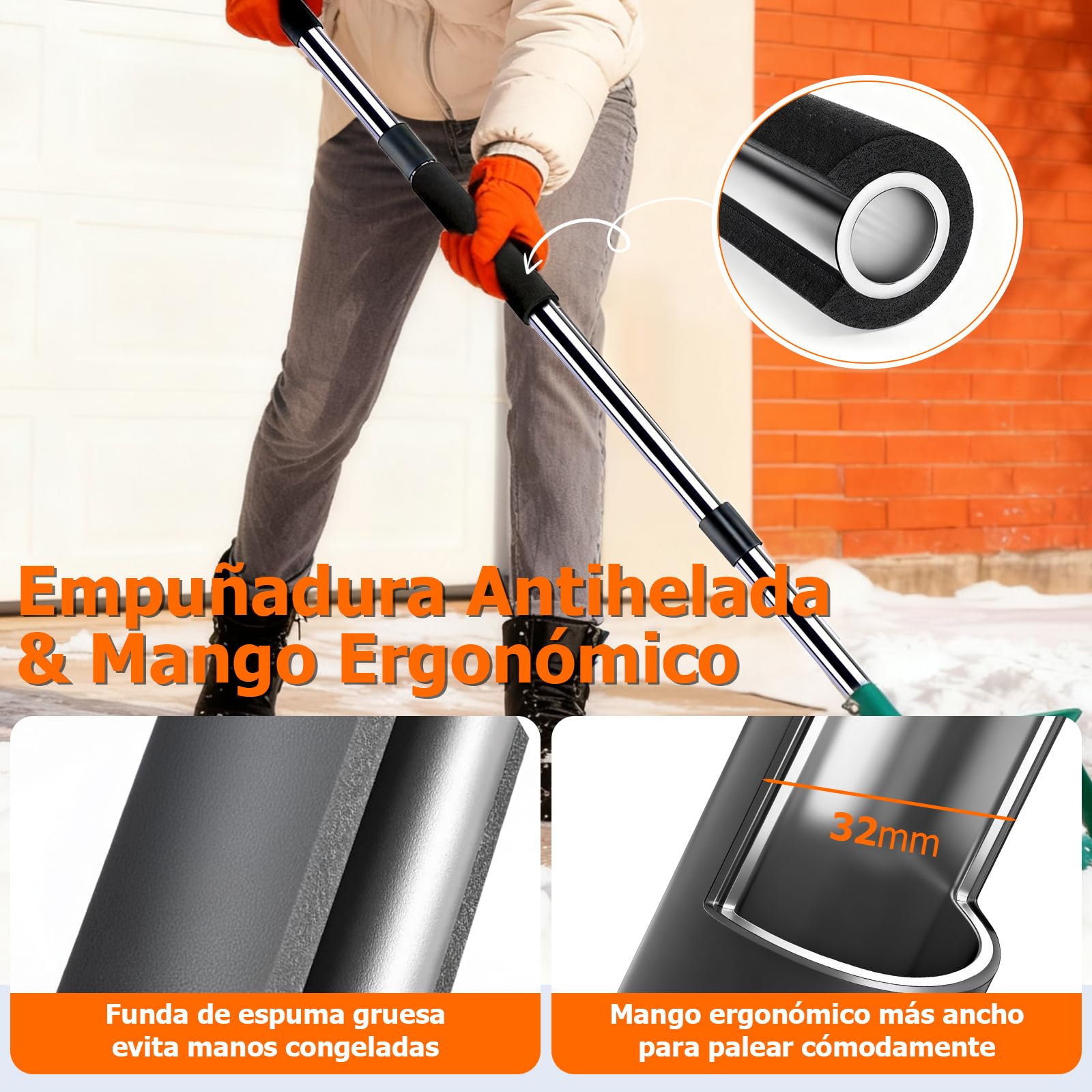 Palas de nieve con mango largo de 163 cm, pala de metal de alta resistencia con pala ancha de 41 cm, mango largo ergonómico y espuma antiescarcha para quitar la nieve de entrada, coche, mantillo