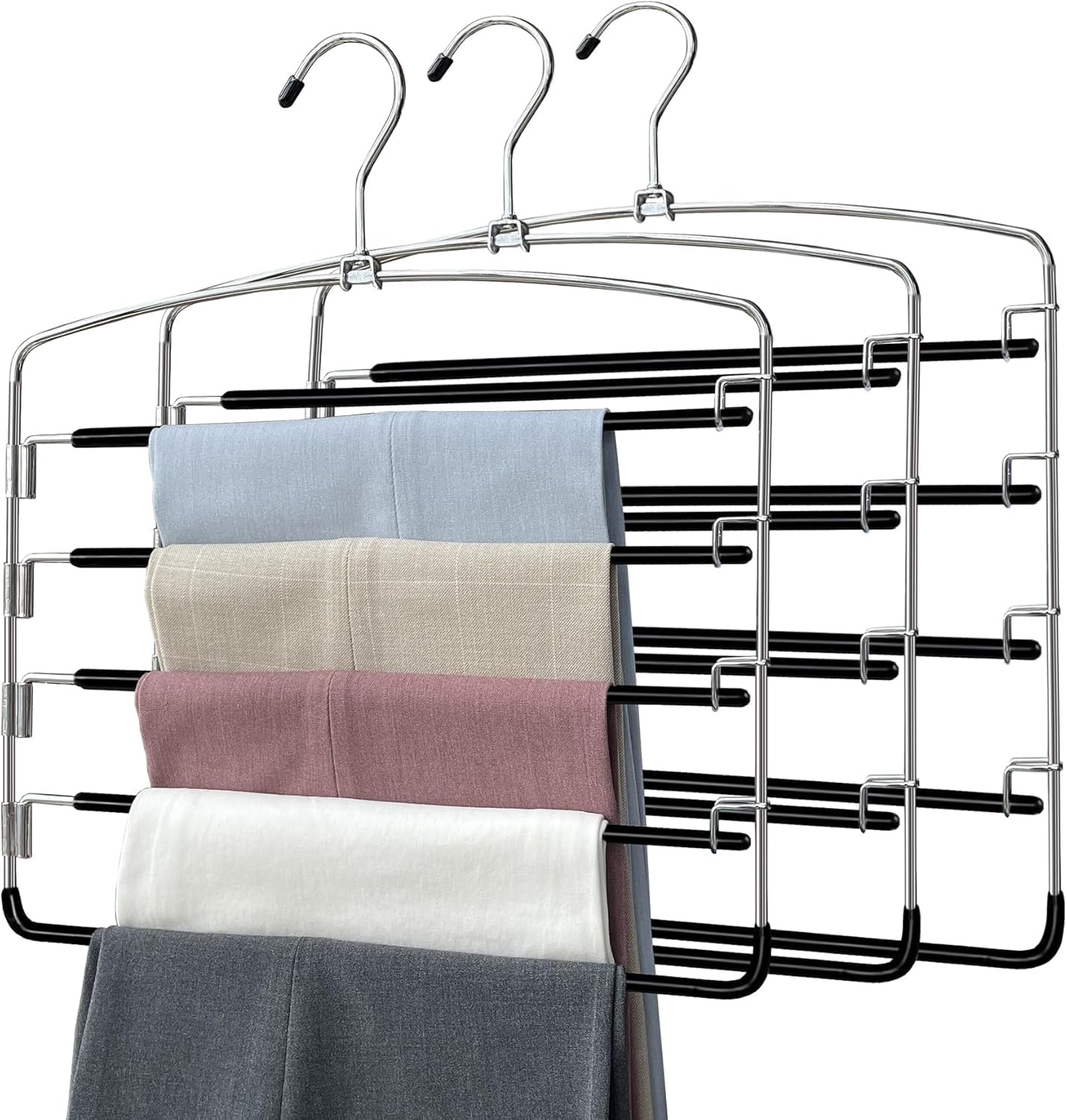 Hosenbügel, platzsparend, 3 Stück, rutschfeste Kleiderbügel, platzsparend, mehrlagiger Schwungarm, Edelstahl-Hosenbügel mit rutschfester Polsterung, Schrank-Organizer für Hosen, Jeans