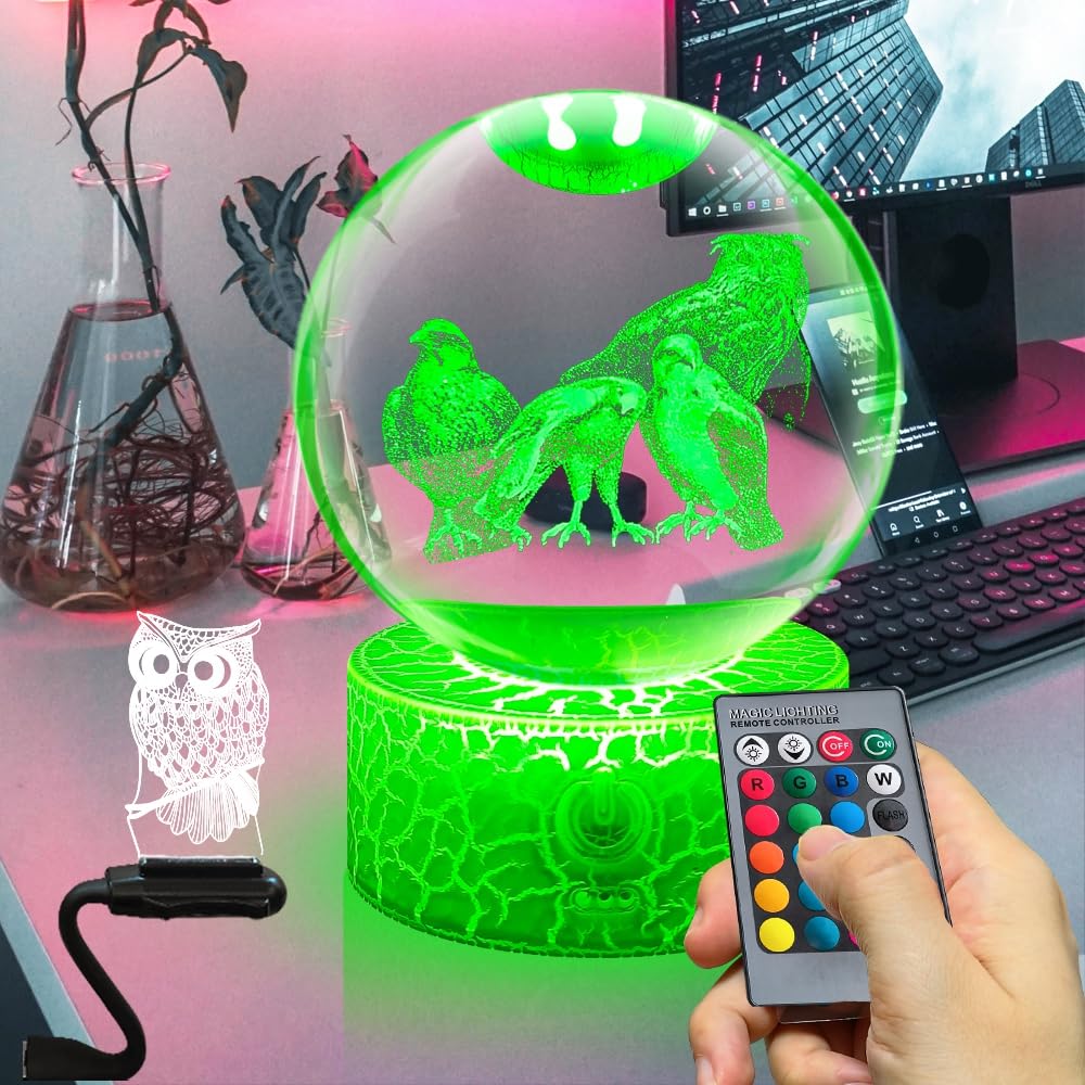 Fanrui 3D Owl Eagle Bird Lamp, 3D Owl Crystal Ball Night Light,16 Colors 80MM Crystal Ball Lamp with Boys Remote Control.Owl Decoration Glass Sphere Paperweight Lucky Feng Shui Decorative Balls Gifts