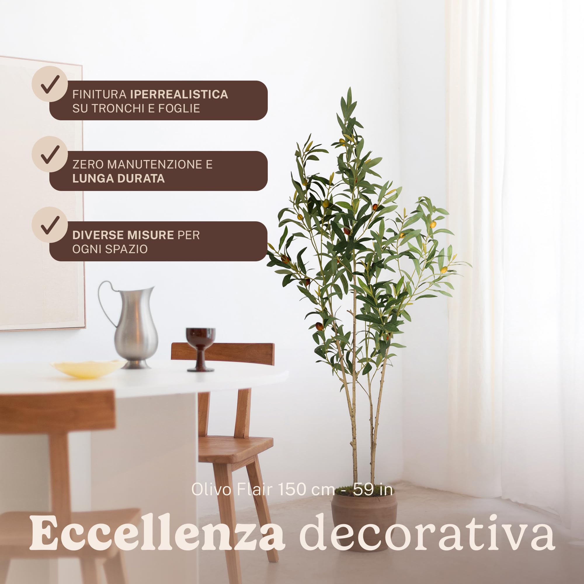 MAIA SHOP Olivo artificiale Flair 150 cm Minimal, pianta finta da interno con tronco naturale, albero decorativo realistico per casa ufficio hotel