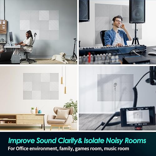 Miniatura 6 de Paquete de 12 paneles acústicos cuadrados autoadhesivos, paneles de pared insonorizados de 12 x 12 x 0.4 pulgadas, absorbentes de sonido, paneles de