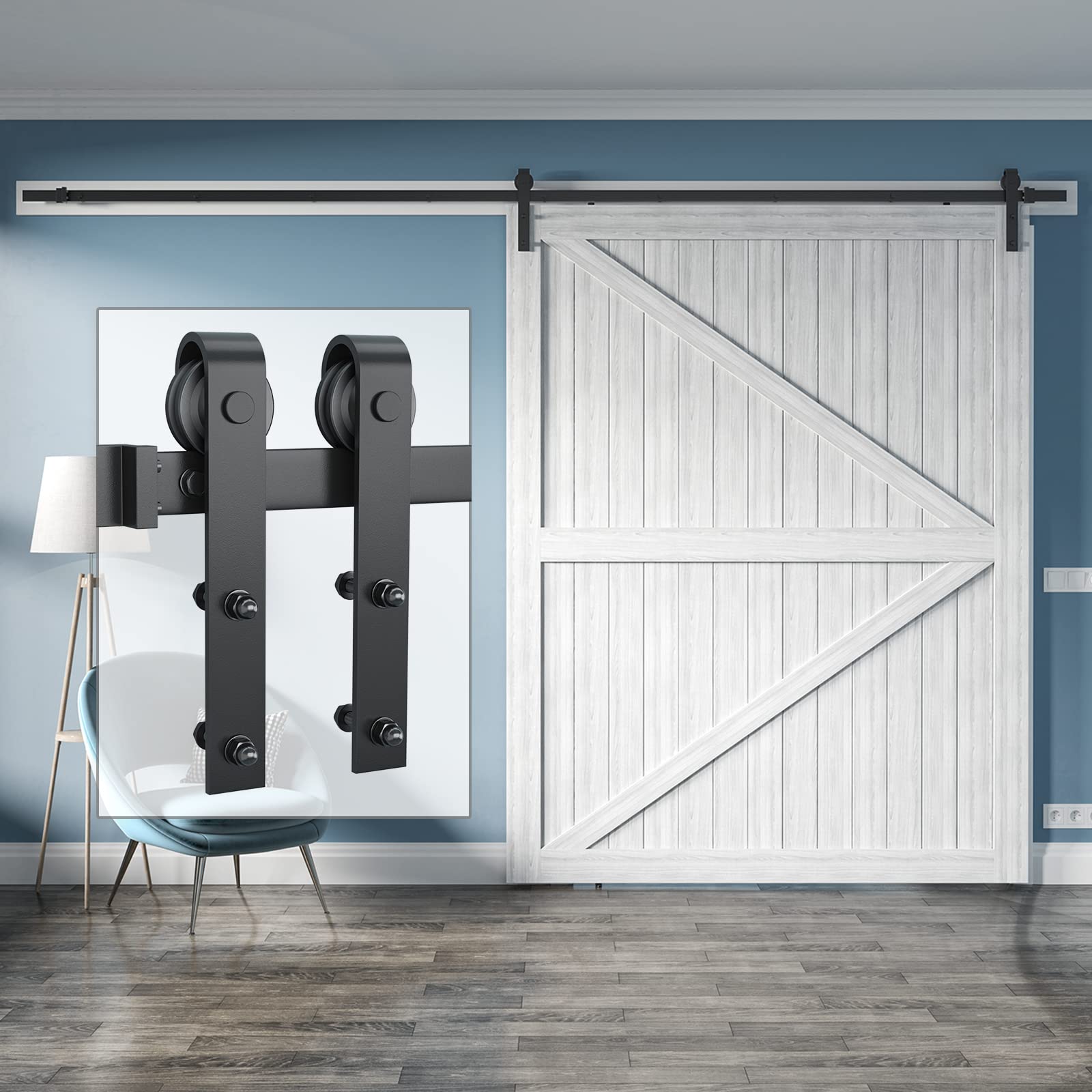 Genius Iron 12FT Single Barn Door Hardware Kit, Classic Design Standard Track with Upgraded Nylon Bearings, for 72in Wide Sliding Door Panel, Easy Installation, Basic J