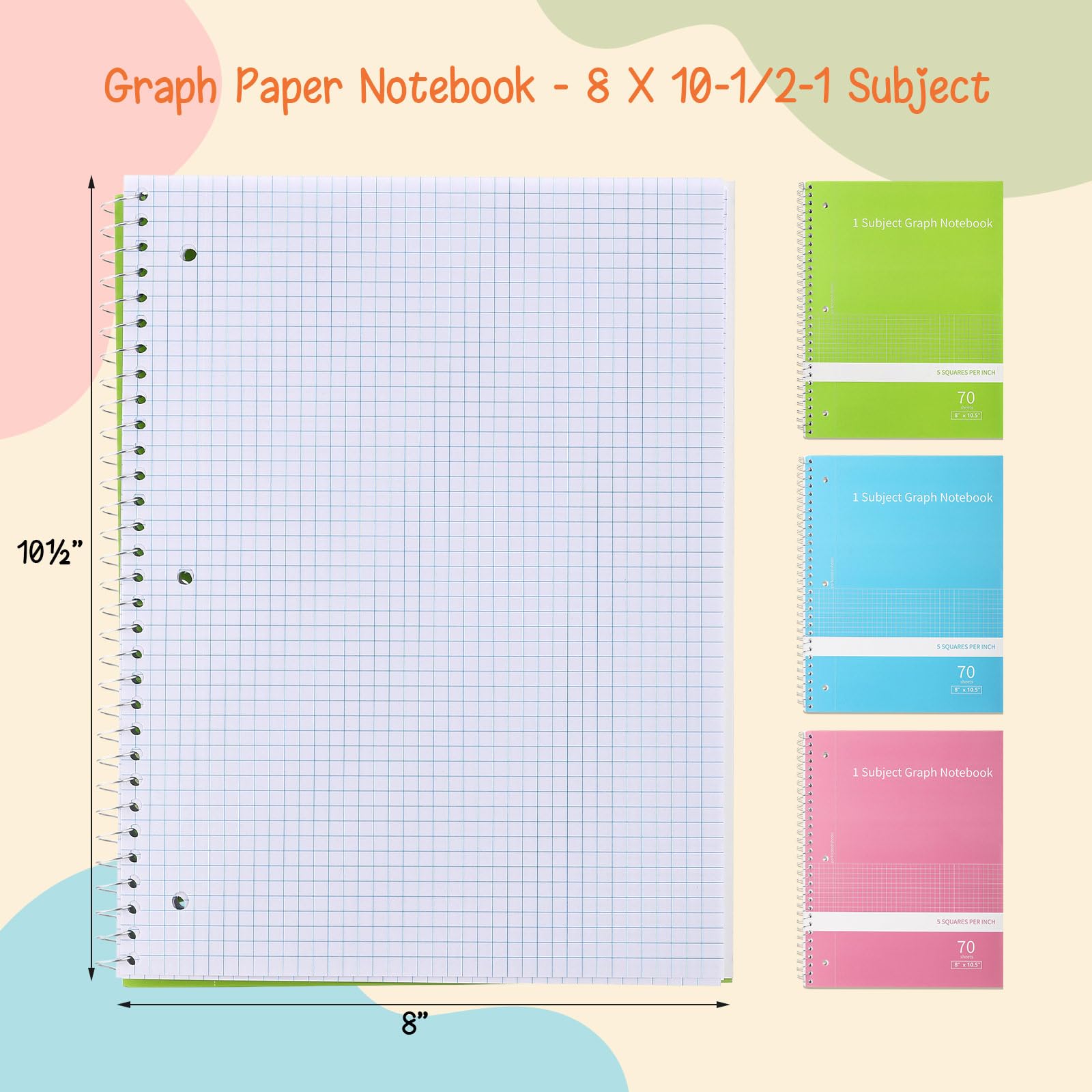 Jetec 9 Stück karierte Notizbücher mit Spiralbindung, 20,3 x 25,4 cm, kariert, 70 Blatt, Grafikpapier für Mathematik, Ingenieurwesen, Arbeit, Schule und Labor, 12,7 x 25,4 cm, 3 Farben