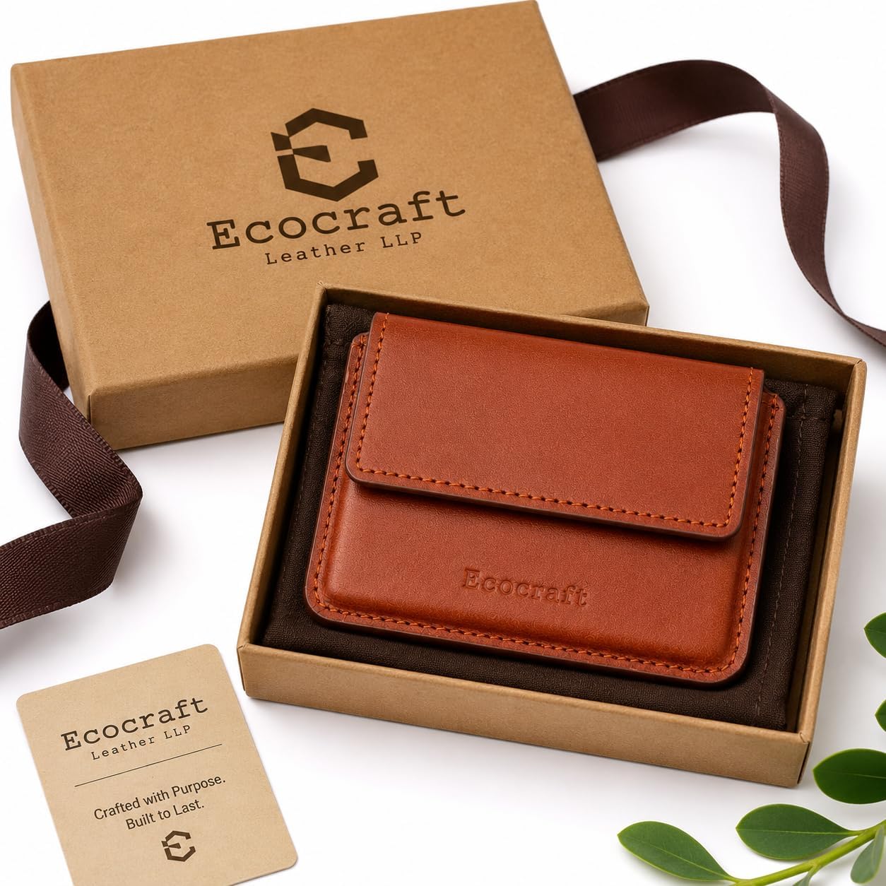 ECOCRAFT Mens Card Holder Wallet, Full Grain Aniline Leather Card Holder Wallet for Men with Magnetic Flap, Slim Front Pocket Wallet for Men, Minimalist Card Case for Daily Carry (Cognac)