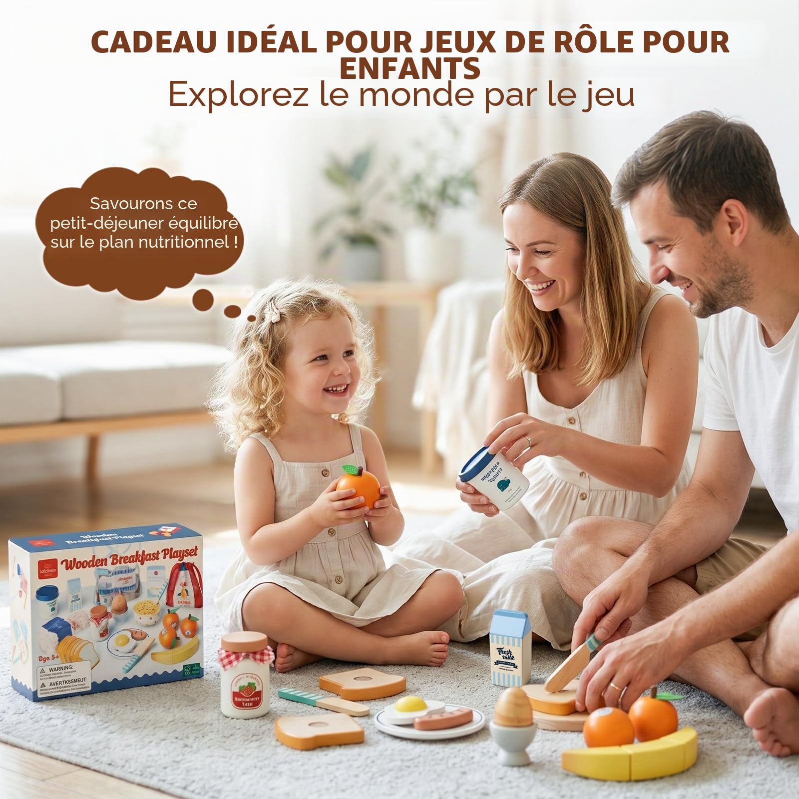 Lehoo Castle Cuisine en Bois Enfant, Jeu d'imitation Jeux Fruits a Decouper, Dinette avec Sac de Rangement, Jouets en Bois Cadeau Enfant Fille Garcon 2 3 4 5 6 Ans (Petit déjeuner)