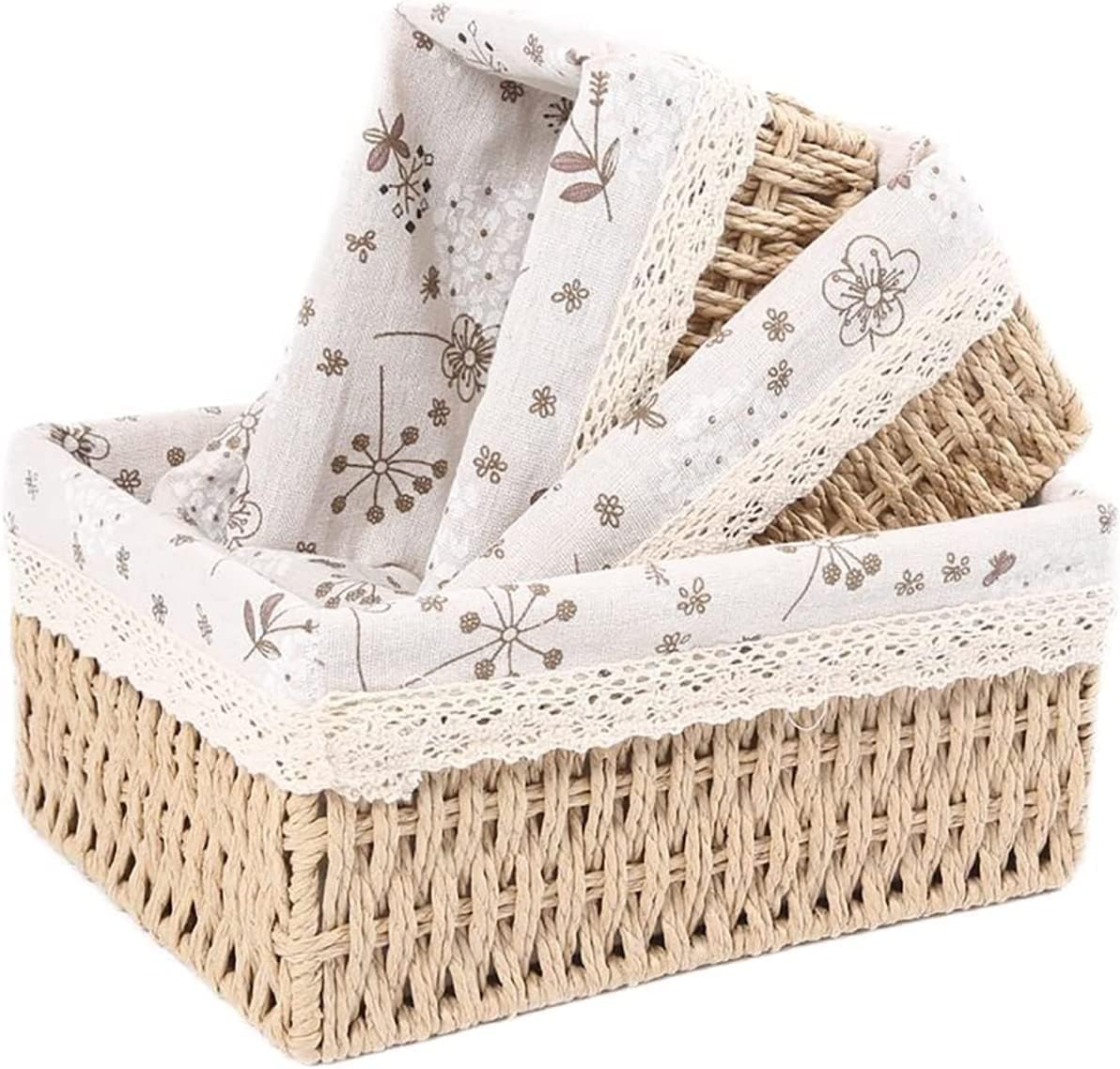 ALEYHA Set of 3 Macrame Storage Baskets Boho Decor Baskets for Organizing Decorative Paper Rope Woven Storage Basket with Liner Rectangular Empty Gift Basket Countertop Shelves Organizer (beige)