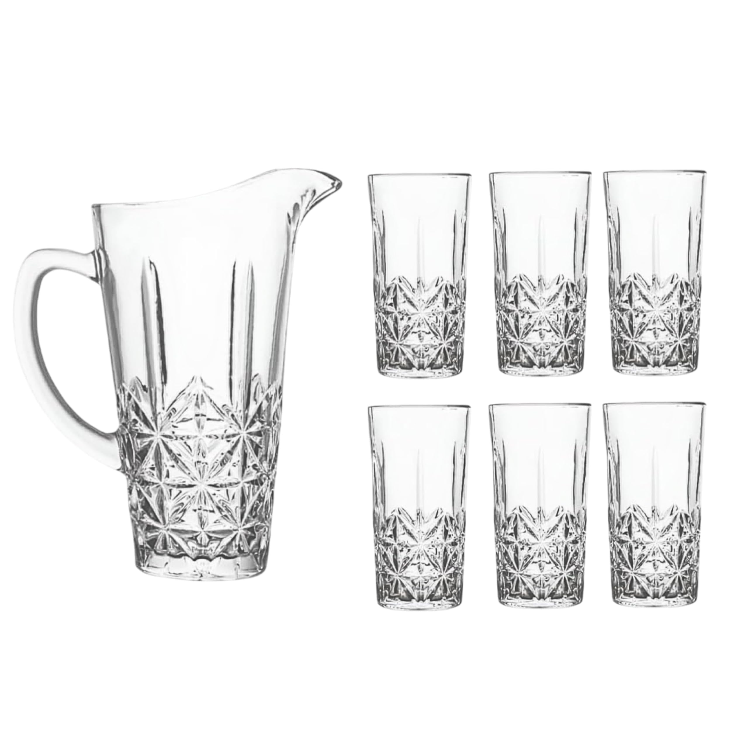 Reldor Clear 1.58L Glass Jug and Tumbler Set, Crystal Effect Water Juice Glasses Tumblers & Pitcher Jug, Ideal for Cold Water, Wine, Coffee, Milk and Juice Beverage, Set of 7