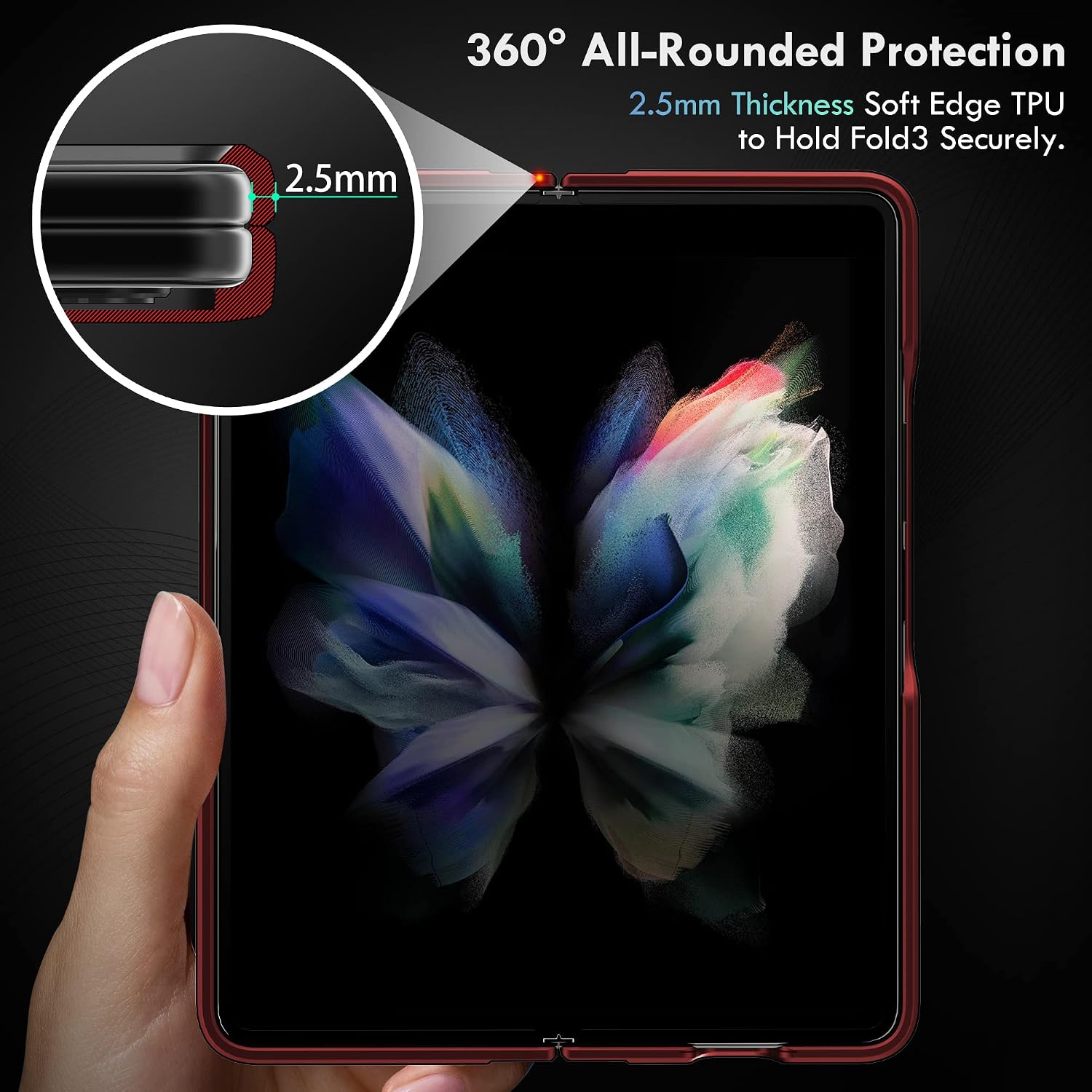 Samsung Galaxy Z Fold 3 Phone Case with 2 Hinges Protection, Credit Card Storage Kickstand Design, with 9H Tempered Glass, Belt Clip Bundle Set (Red, S-Pen not Included)