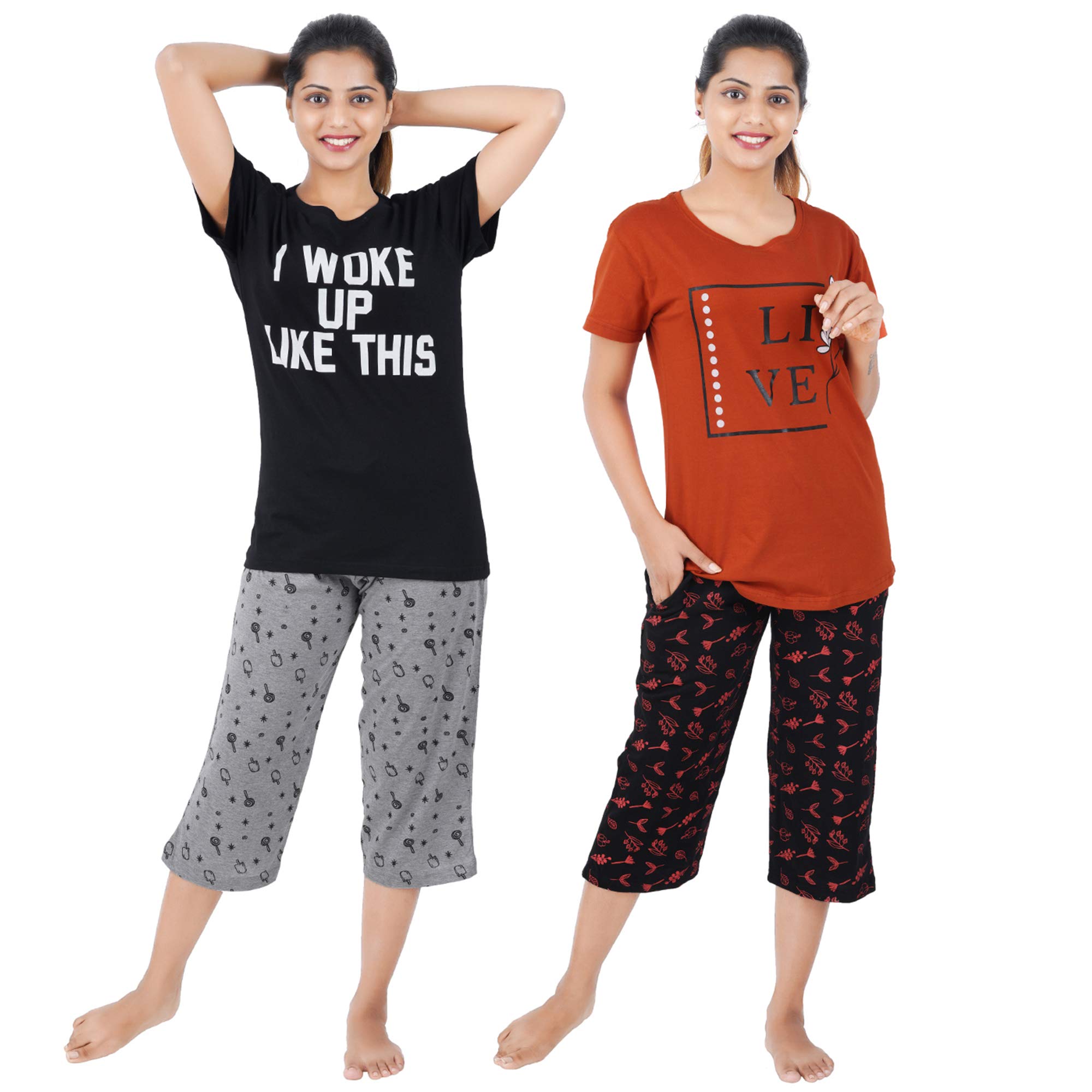buy that trendz Women's Cotton Printed Top and All Over Print Capri Pyjama Set/Pajama Night Suit Set/Sleep wear Set/Loungewear Set Smile Yellow Happy Rani Pink Combo Pack of 2-picture-20