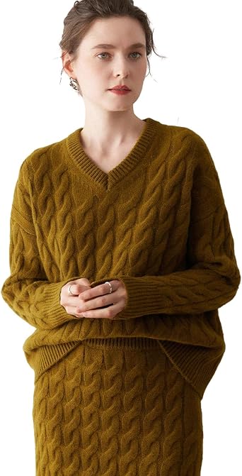 DAISYSILK Womens Cashmere Wool Cable Knit Sweater and Skirt Set, 2 Piece Winter Lounge Outfit