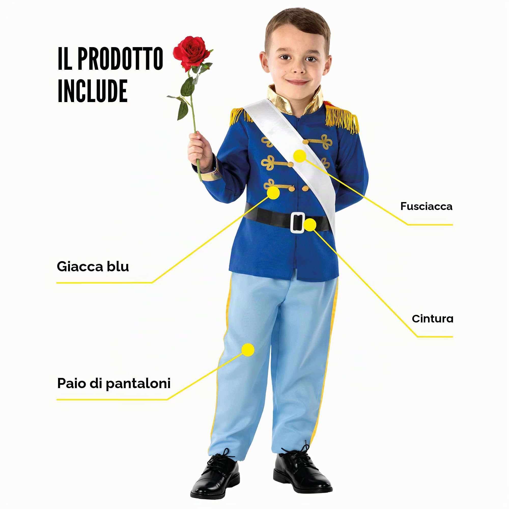 Fun Shack Costume Principe Bambino, Costume Regale Halloween Bambino | Giacca Blu, Fascia, Cintura & Pantaloni, Rifiniture Dorate Regali, Perfetto per Halloween, Ideale per il Gioco di Ruolo