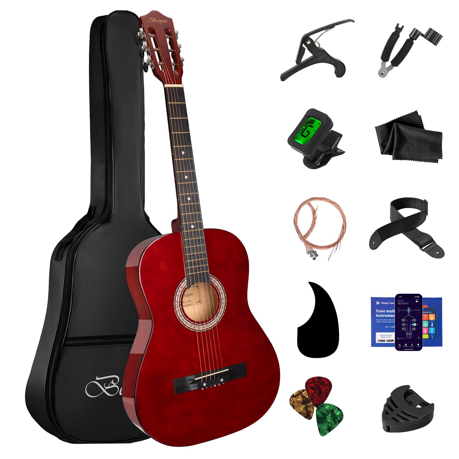 38in Beginner Acoustic Travel Guitar Basic Starter Kit Tuner Capo Strings