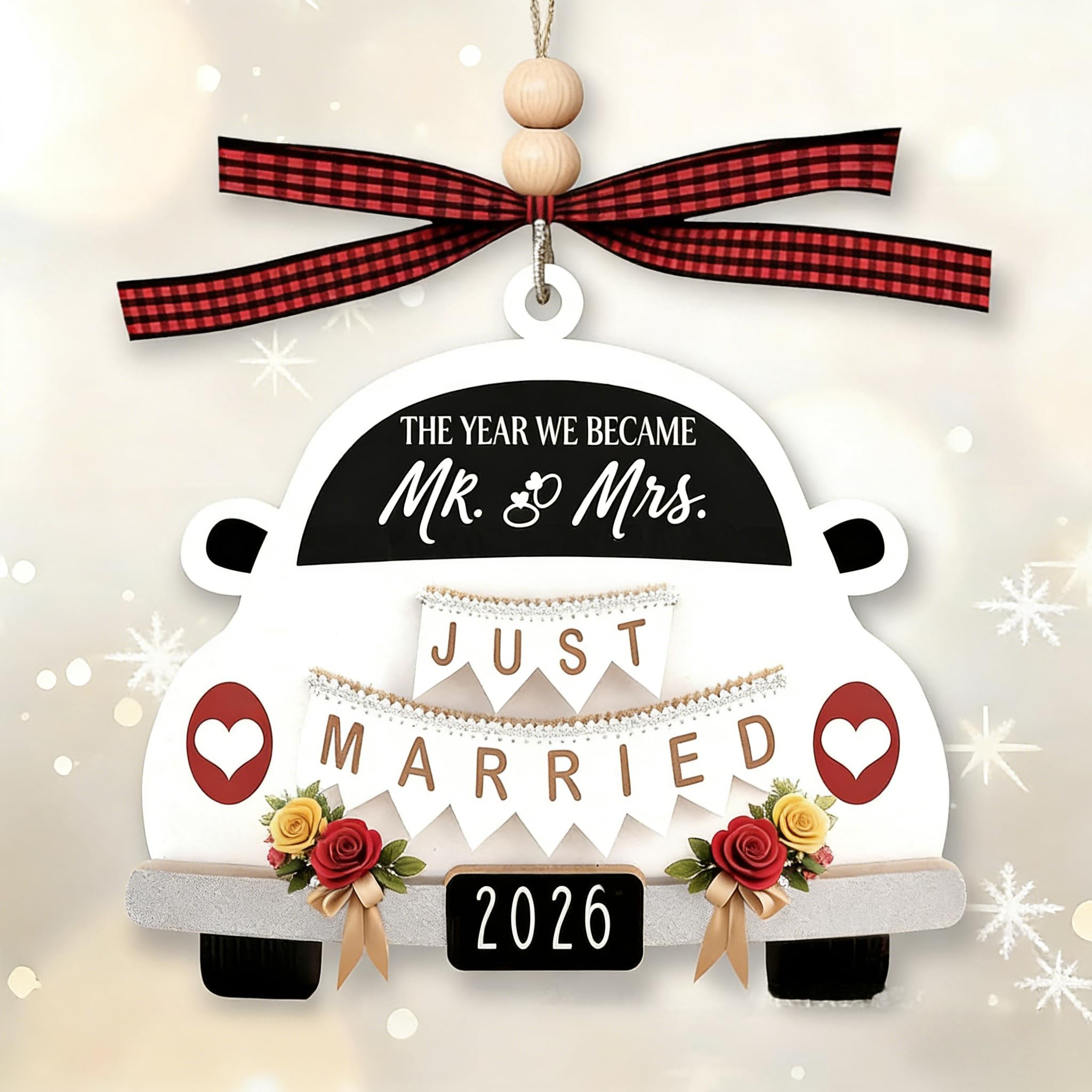 Just Married Hanging Ornament - Double Sided Wedding Decor for Newlyweds, Rustic Chic Home Party Backdrop, Easy to Hang (Gold/White)*