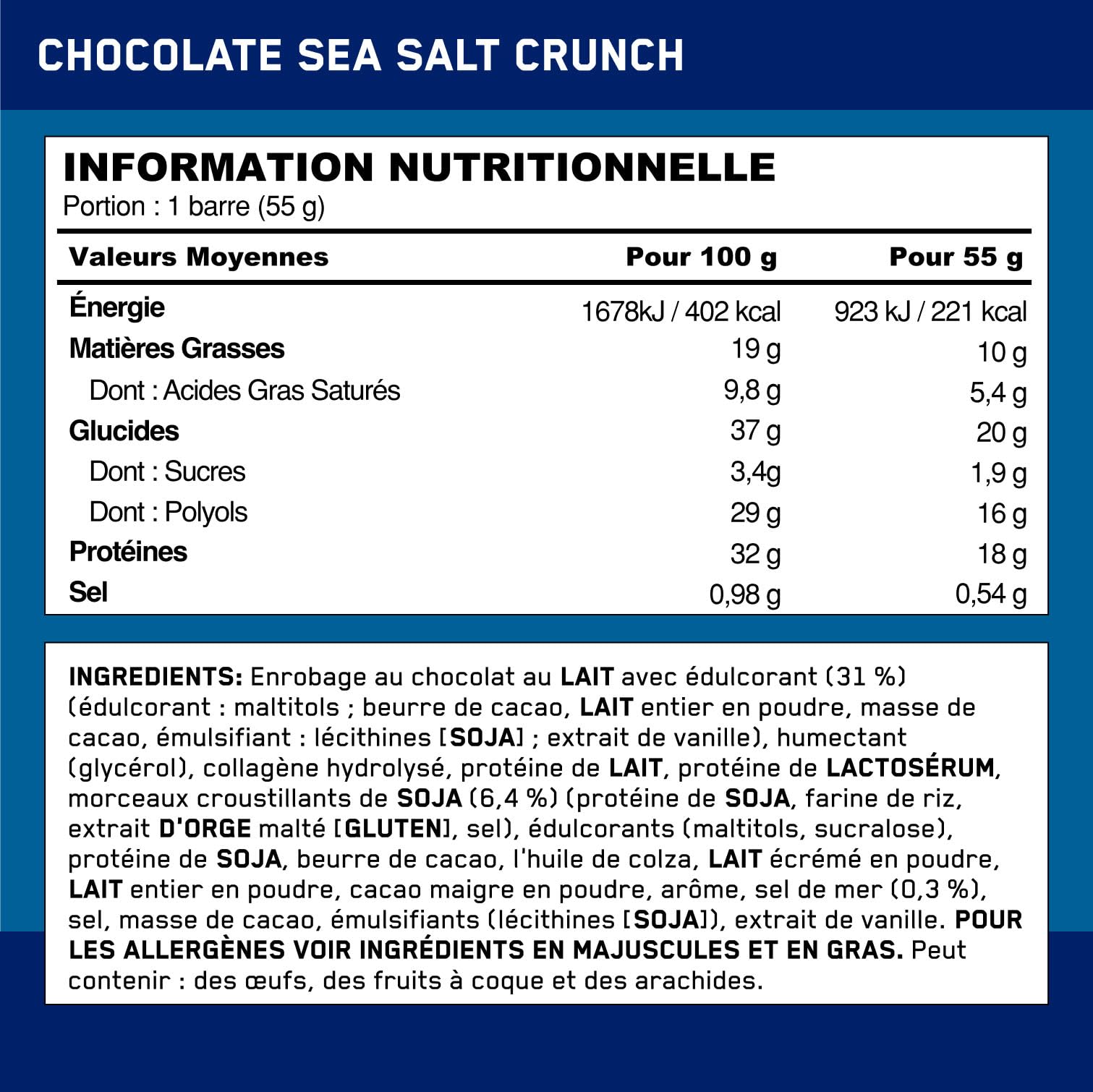 Optimum Nutrition Crunchy Protein Bar (12x55g) Chocolat Sel de mer Crunch