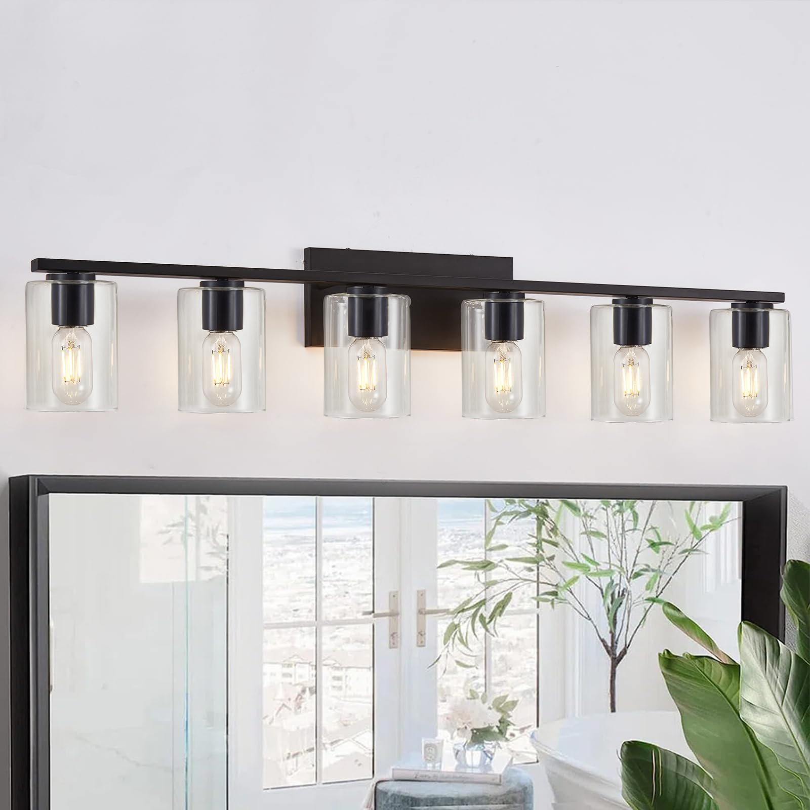 Black Bathroom Vanity Lighting Over Mirror,6 Light Bathroom Vanity Lights with Clear Glass Shade,Metal Vanity Lights for Bathroom,Bedroom,Living Room
