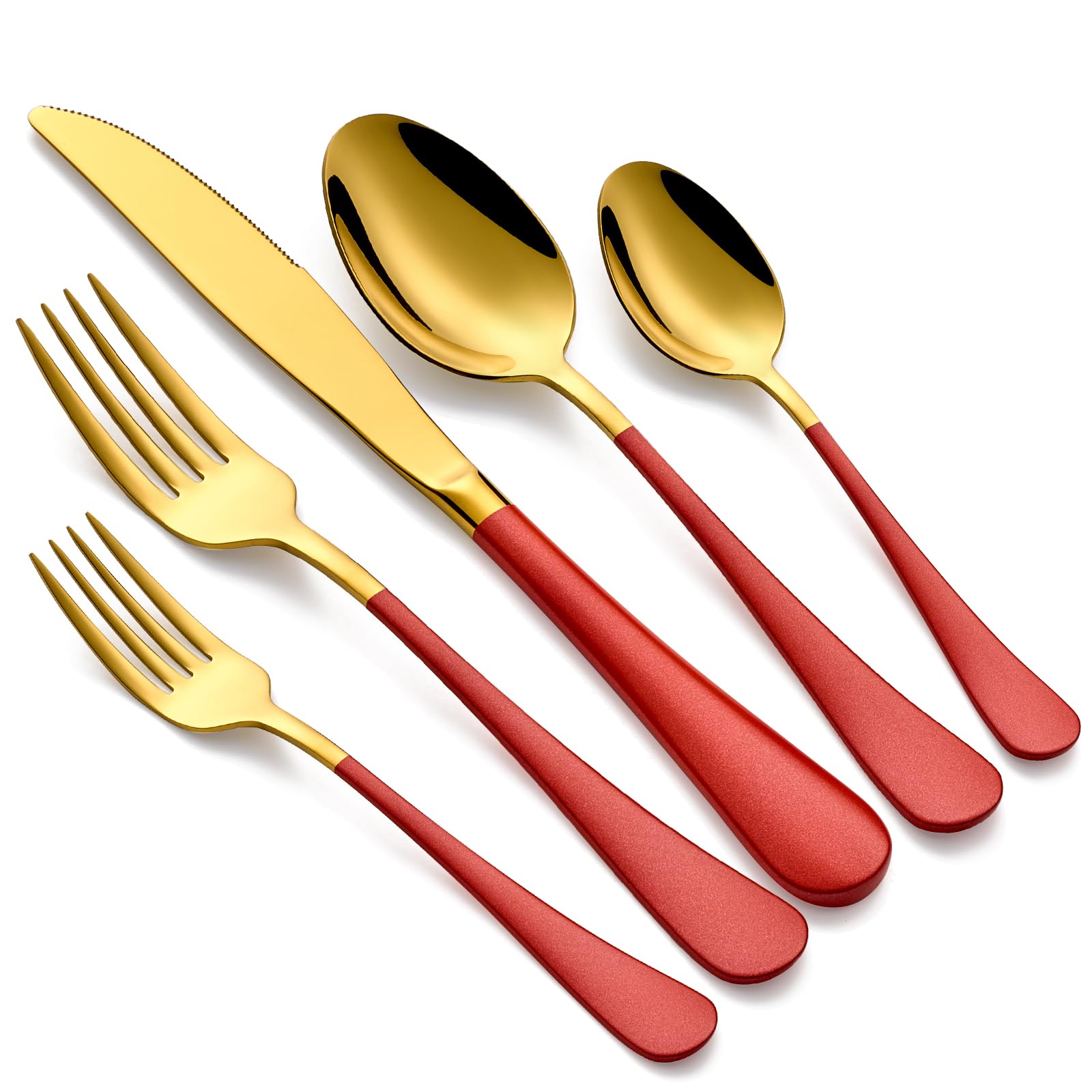 20-Piece Gold and Red Silverware Set 18/0 Stainless Steel Flatware Red Handle Cutlery Set Service for 4 Dinner Knives Forks Spoons Set Mirror Finish Dishwasher Safe