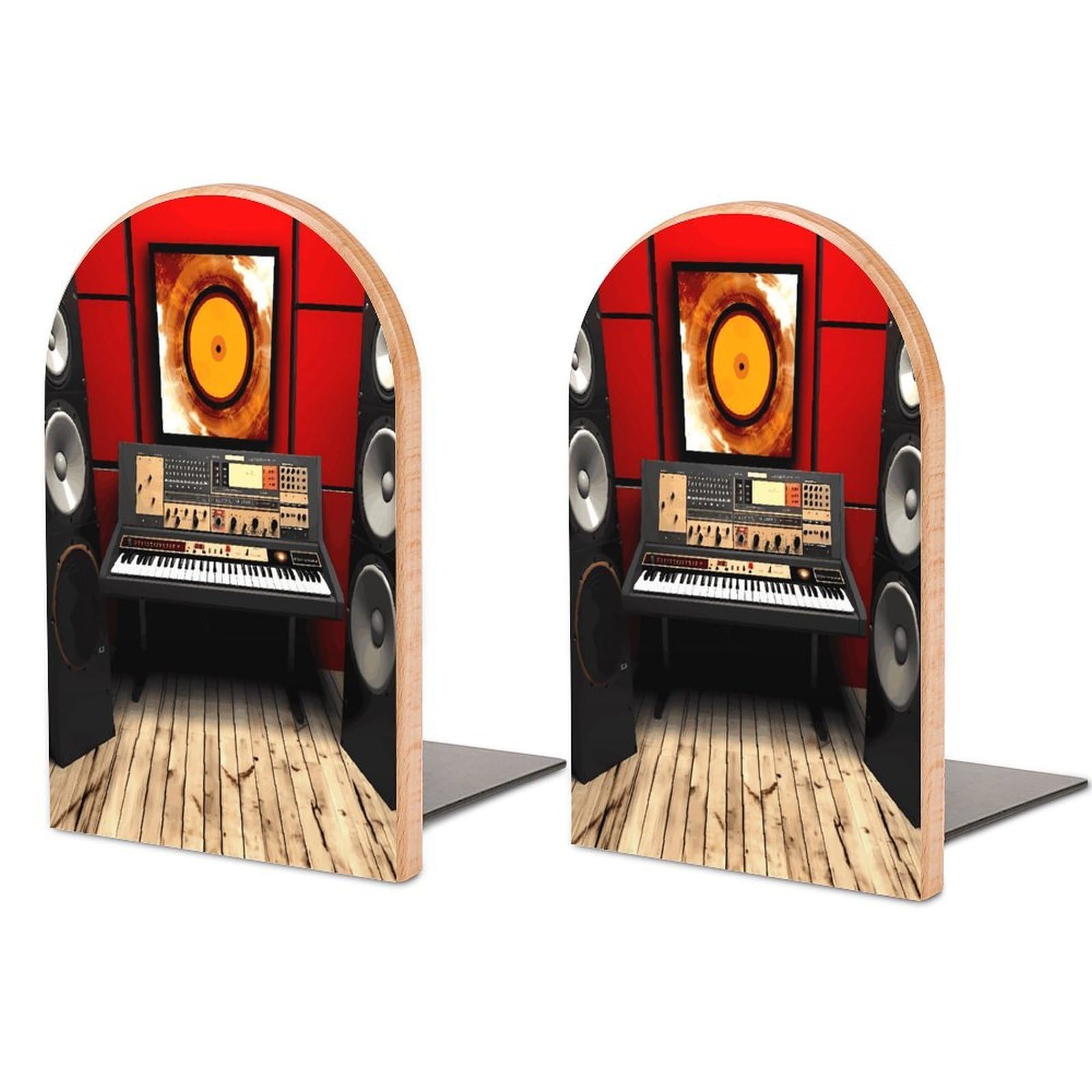 Music Studio Bookend for Shelves Non-Skid Book Holder Modern Heavy Duty Bookend Stopper Metal Base Wood Book End Books Shelf Holder Home Decorative 1pair 5x3.9x3.1