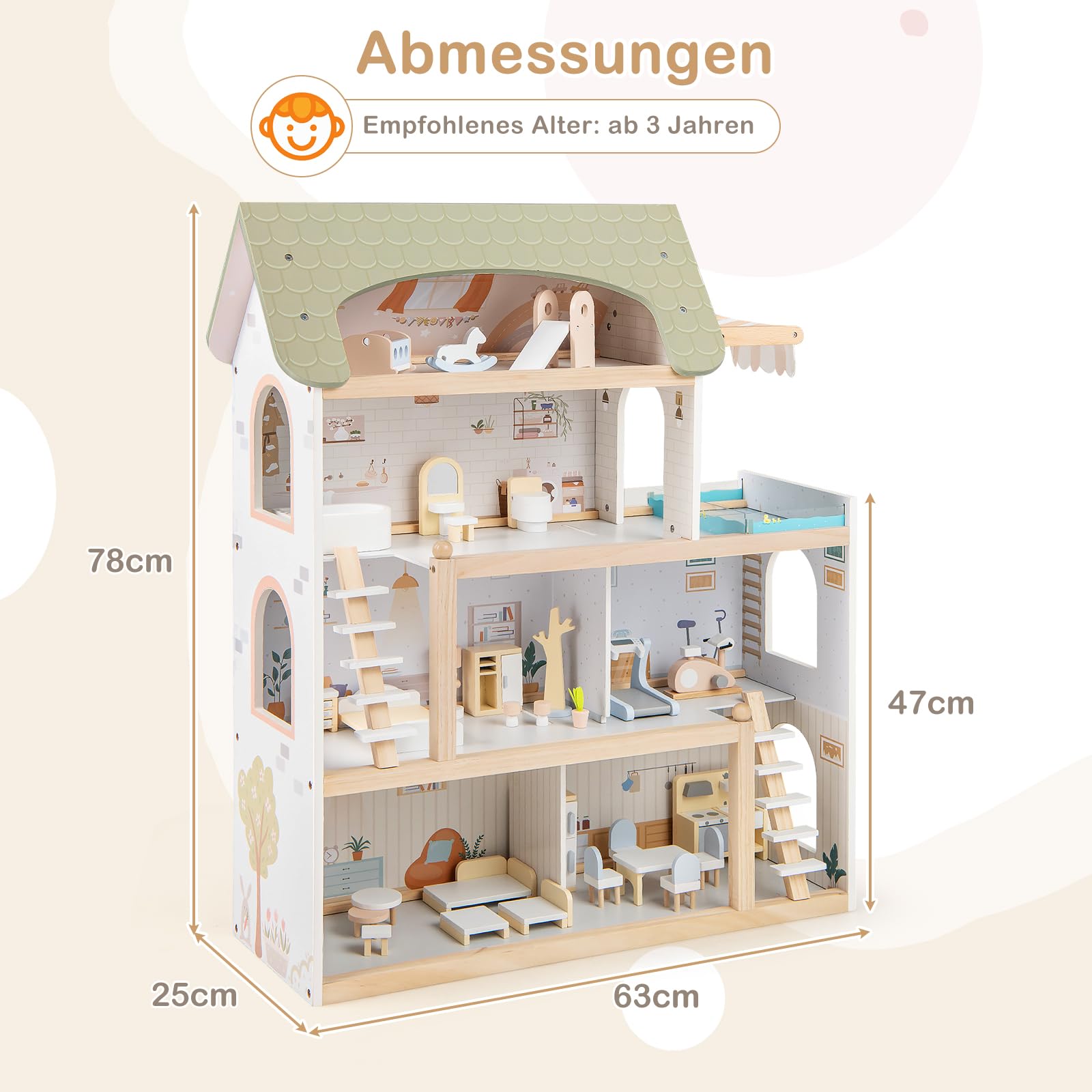 GOPLUS Drewniany domek dla lalek, domek dla lalek z 33 realistycznymi akcesoriami i meblami, 6 pokoi, balkon z basenem, 4-poziomowa willa marzeń, domek na zabawki o wysokości 80 cm dla dziewczynek i