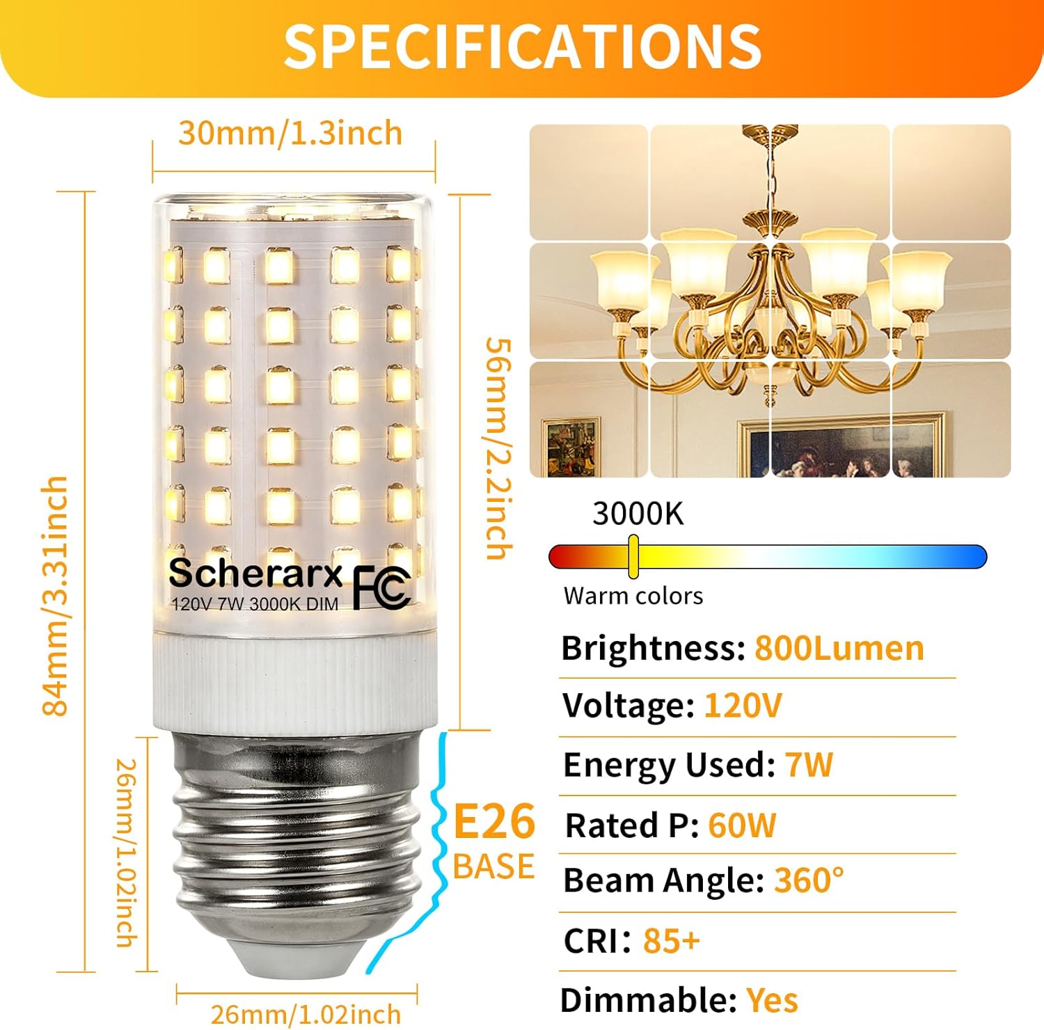 2 Pack E26 LED Bulb 60 Watt Equivalent, Dimmable Light Bulb, 7W 120V, Warm White 3000K, 800LM, for Indoor Lighting