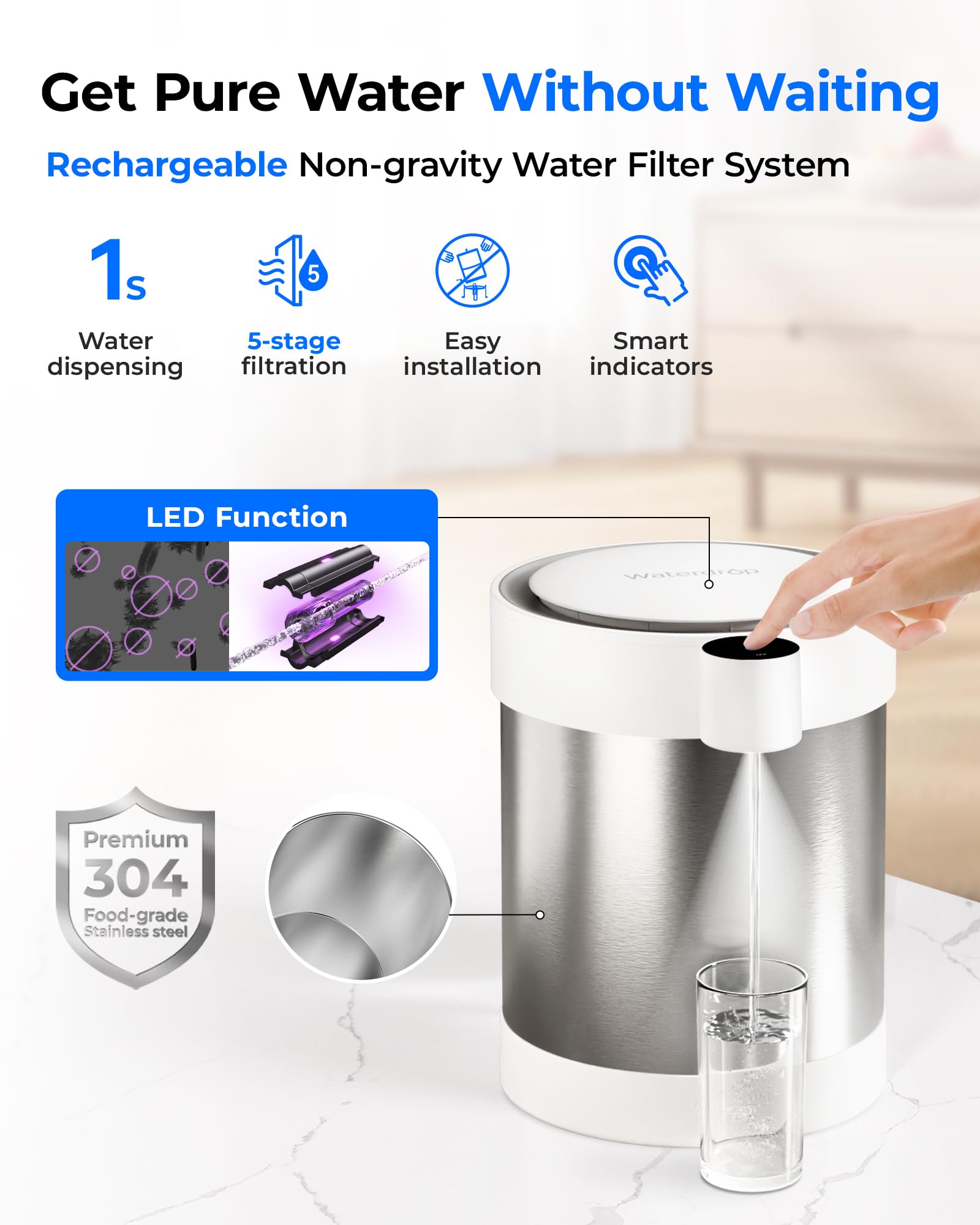 Waterdrop Szklany elektryczny filtr do wody z