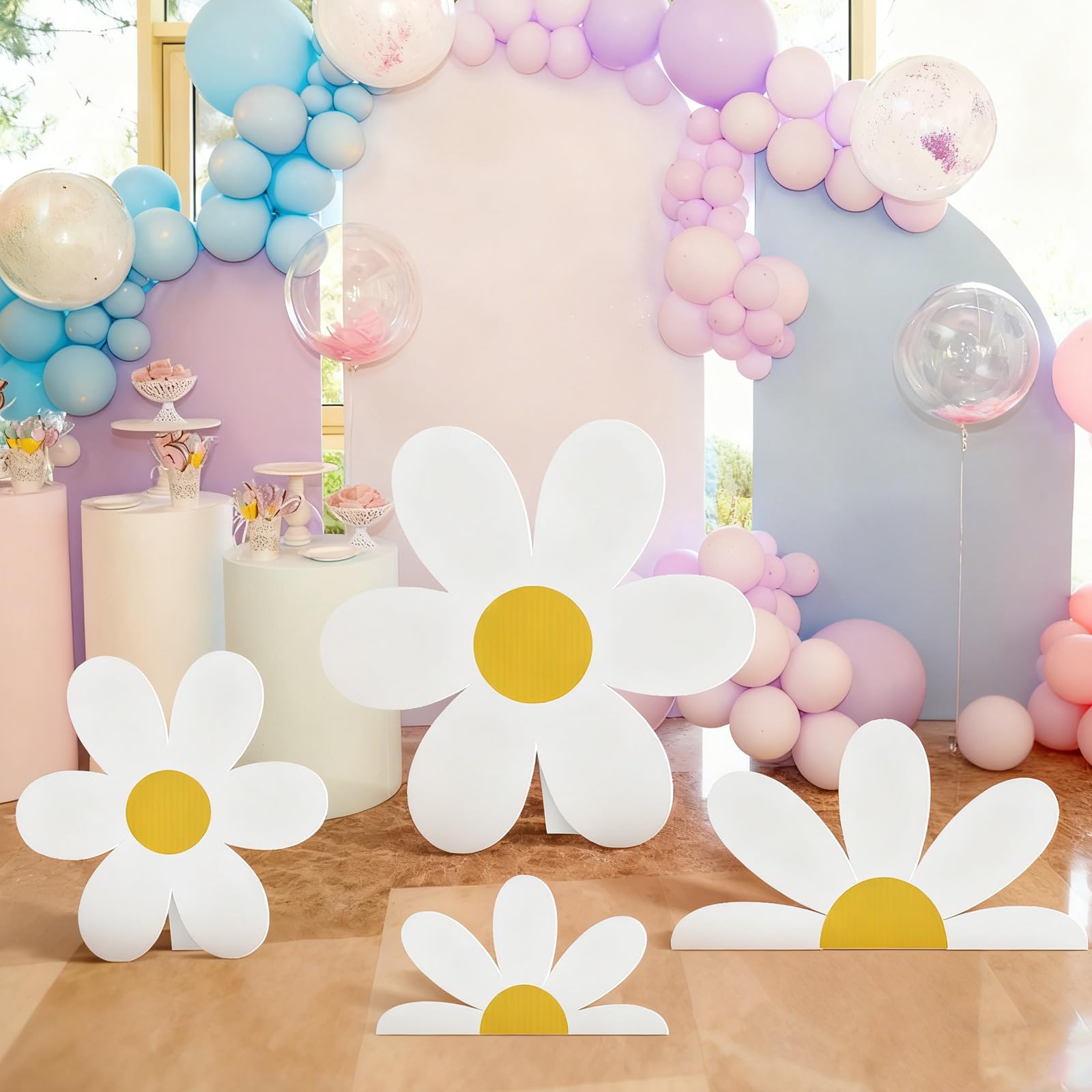 4 Pcs Spring Large Daisy Themed Party Decorations Vibrant Daisy Themed Cardboard Cutout Shower Cartoon Party Supplies Cake Table Decor Photo Booth Props Gift Favors