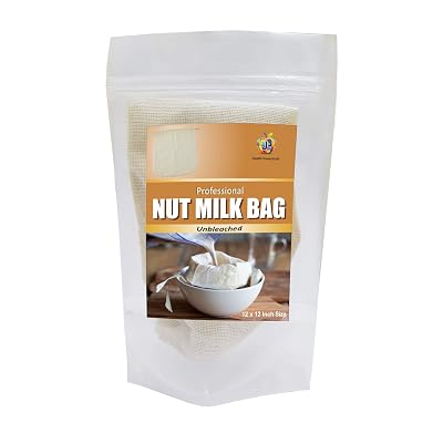 Jioo Organics Drawstring Natural Unbleached Cotton Nut Milk Bag Reusable & Washable (12 inch x 12 inch)