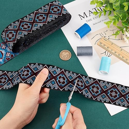 Miniatura 4 de PH PandaHall Cinta de jacquard azul de 7.66 yardas, 1-78 pulgadas1.9 in, cinta tejida floral embridada, tela bohemia, cinta de coser étnica jacquard
